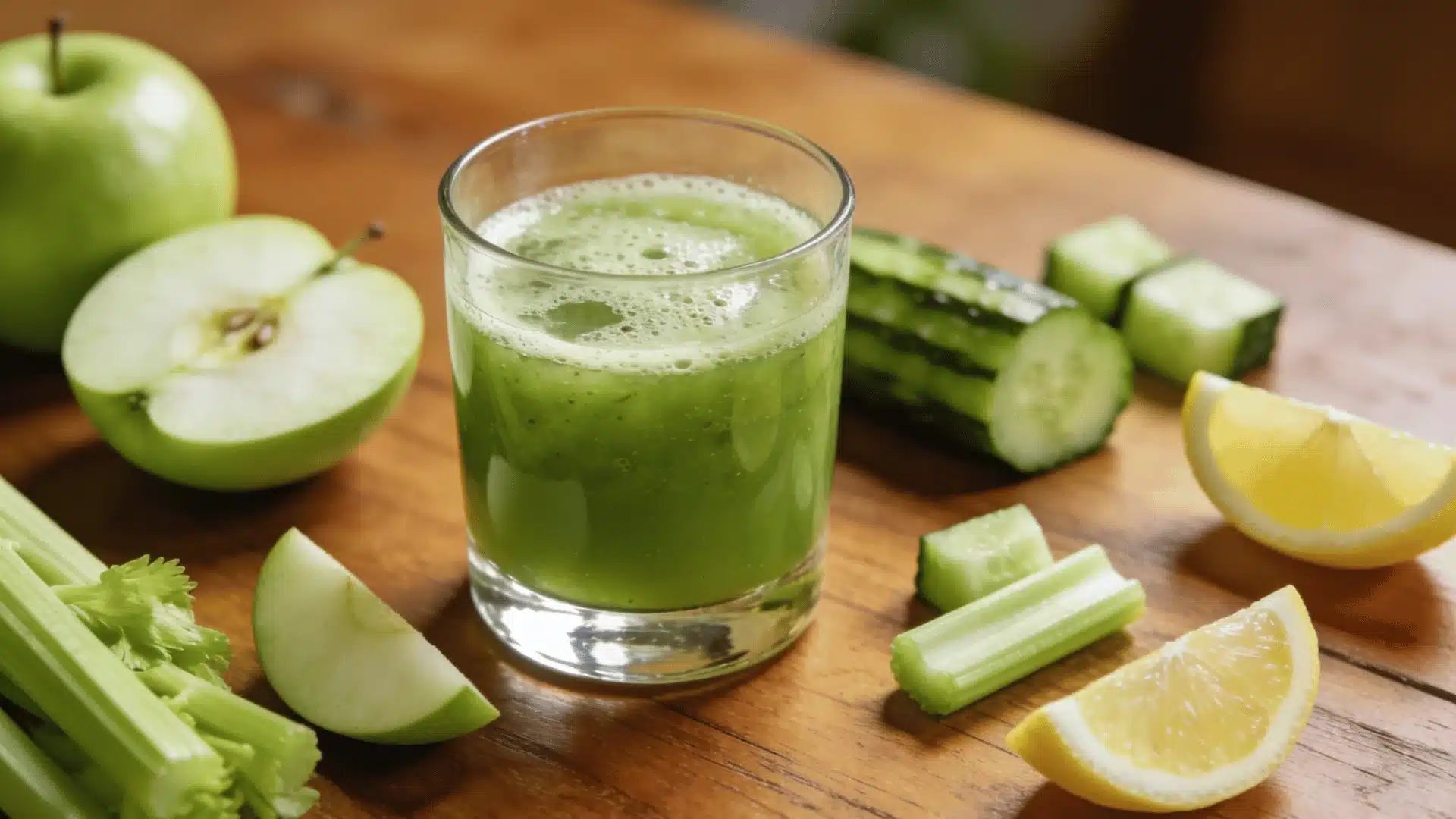 Homemade cucumber apple celery juice in a glass surrounded by apple, celery, cucumber, and lemon
