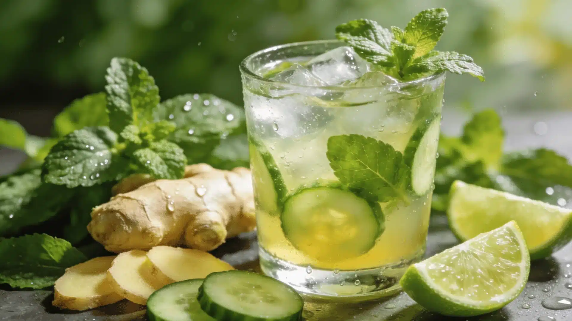 Refreshing cucumber mint ginger juice with lime wedges, fresh mint, and sliced ginger nearby