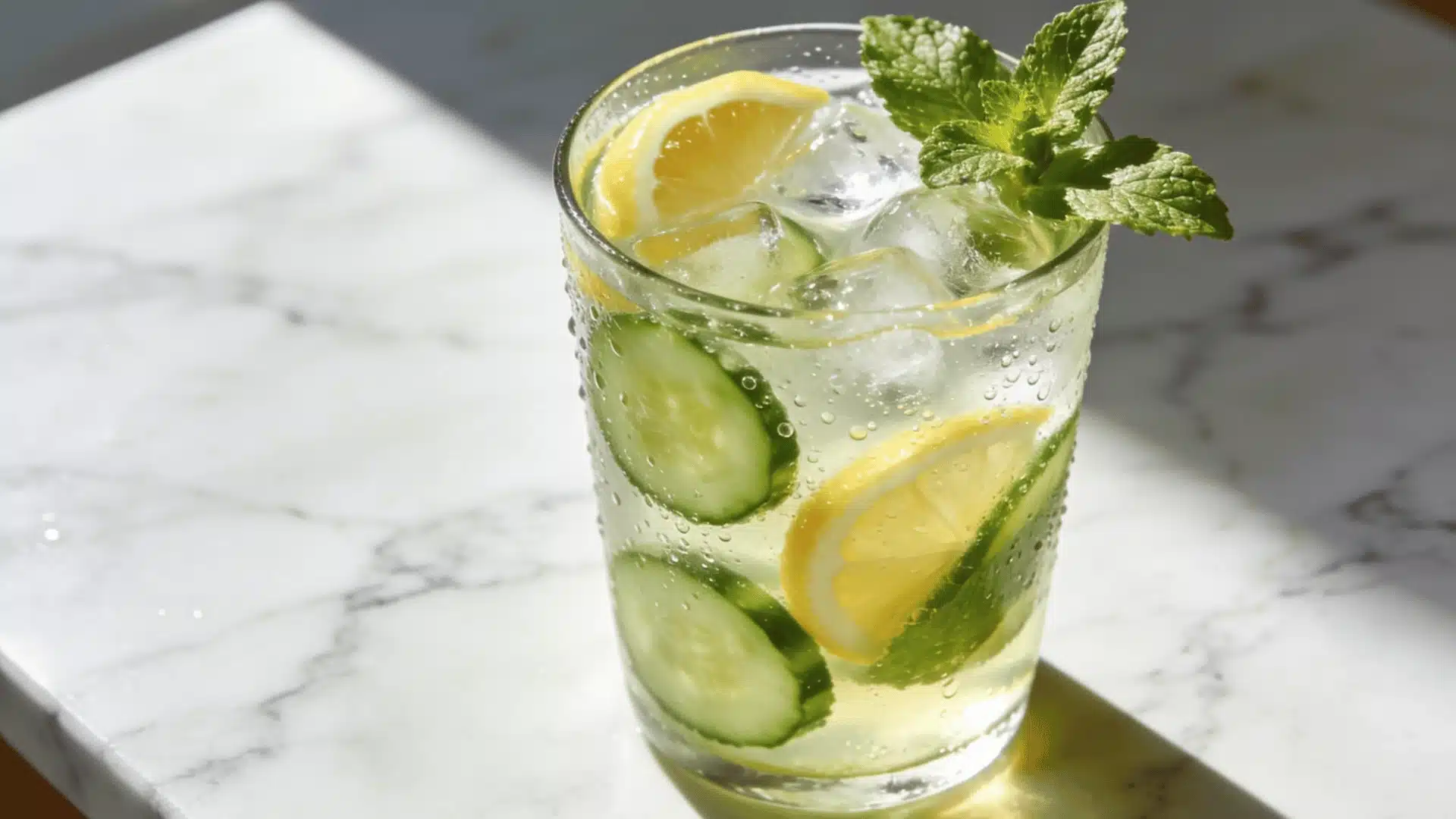 Chilled cucumber lemon juice with ice, lemon slices, and mint garnish on a marble countertop