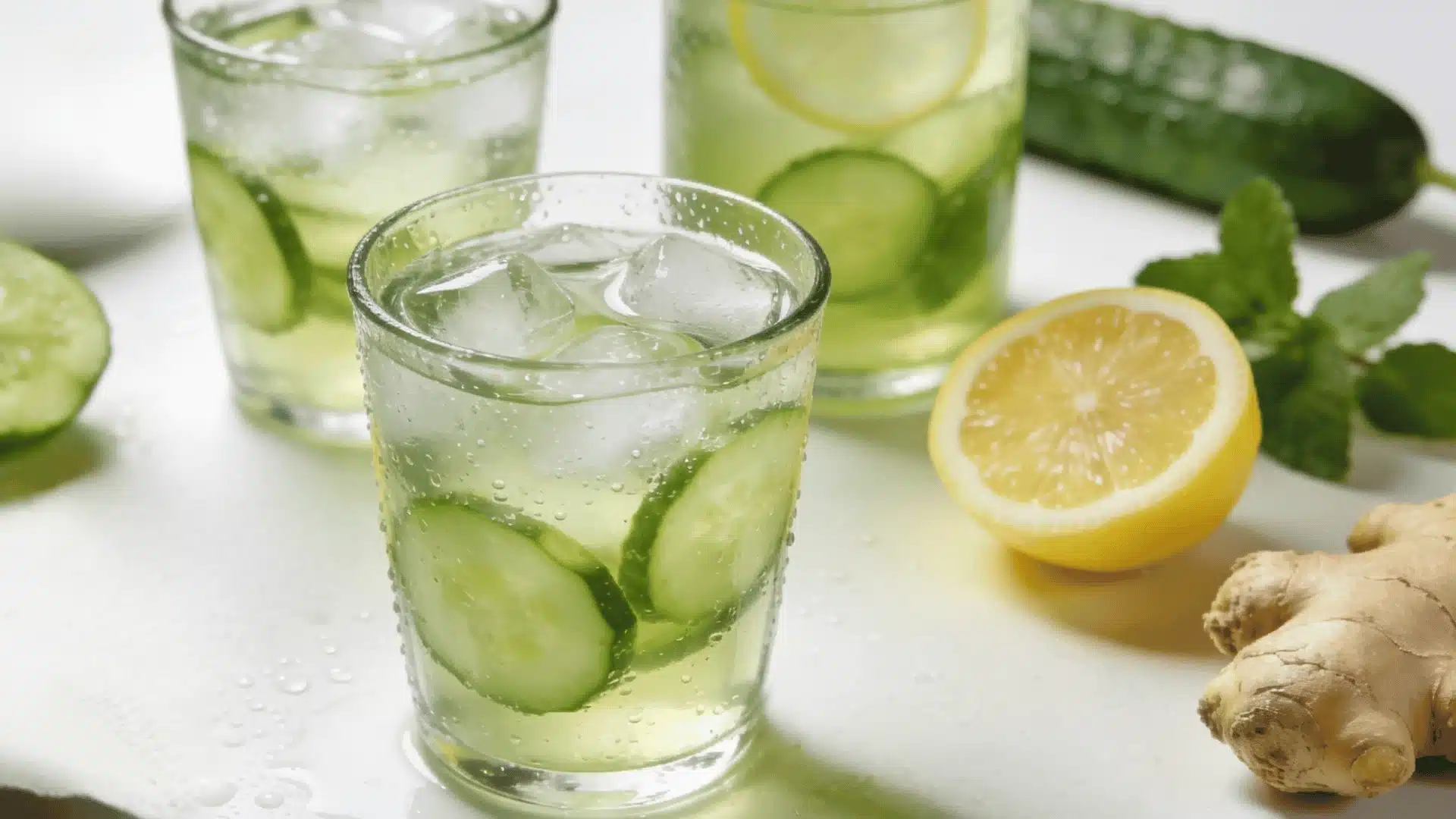 Fresh cucumber juice with ice, lemon slices, mint leaves, and ginger on a bright kitchen counter