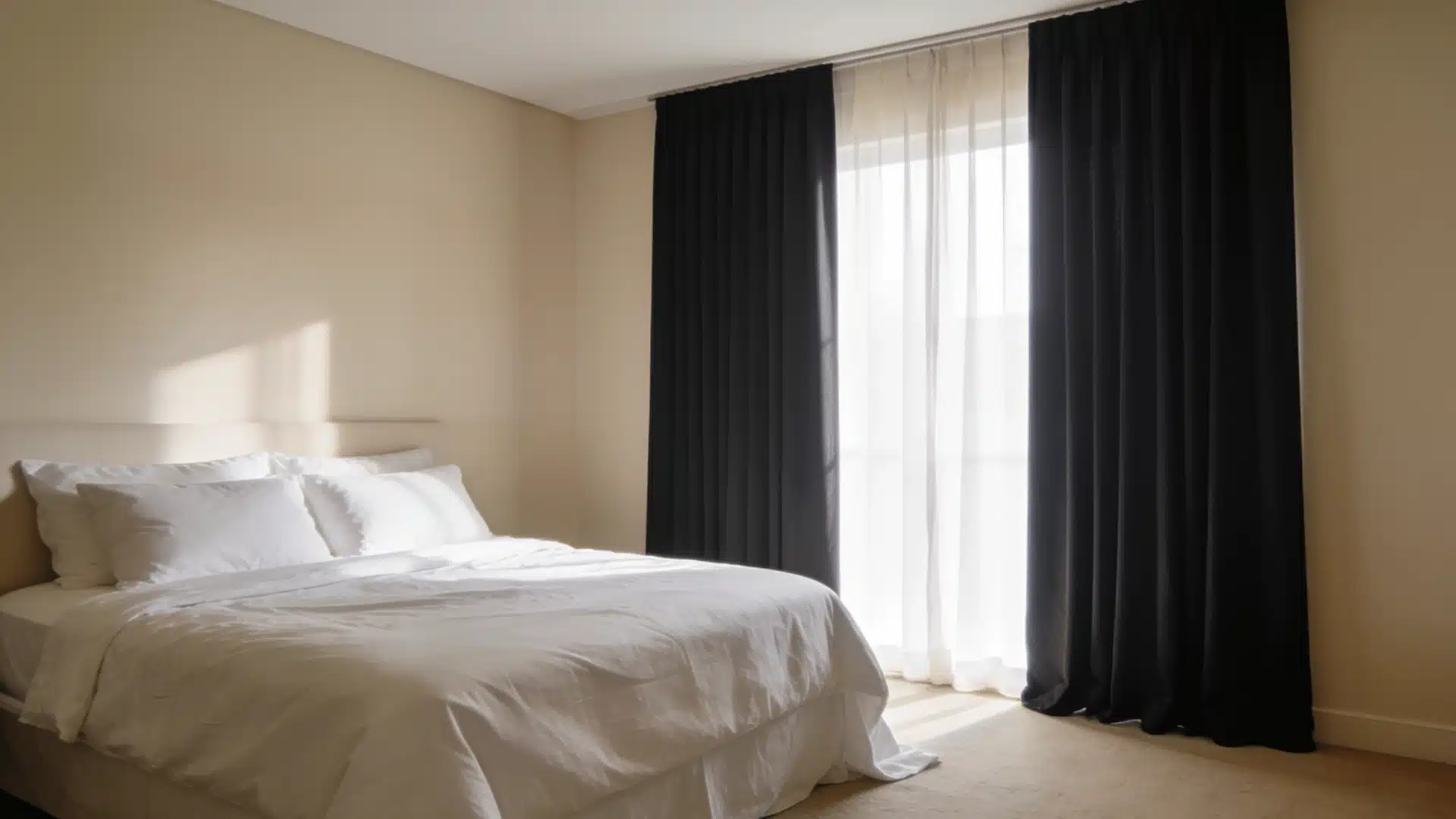 Bedroom with blackout floor-length curtains and sheer panels framing a large window