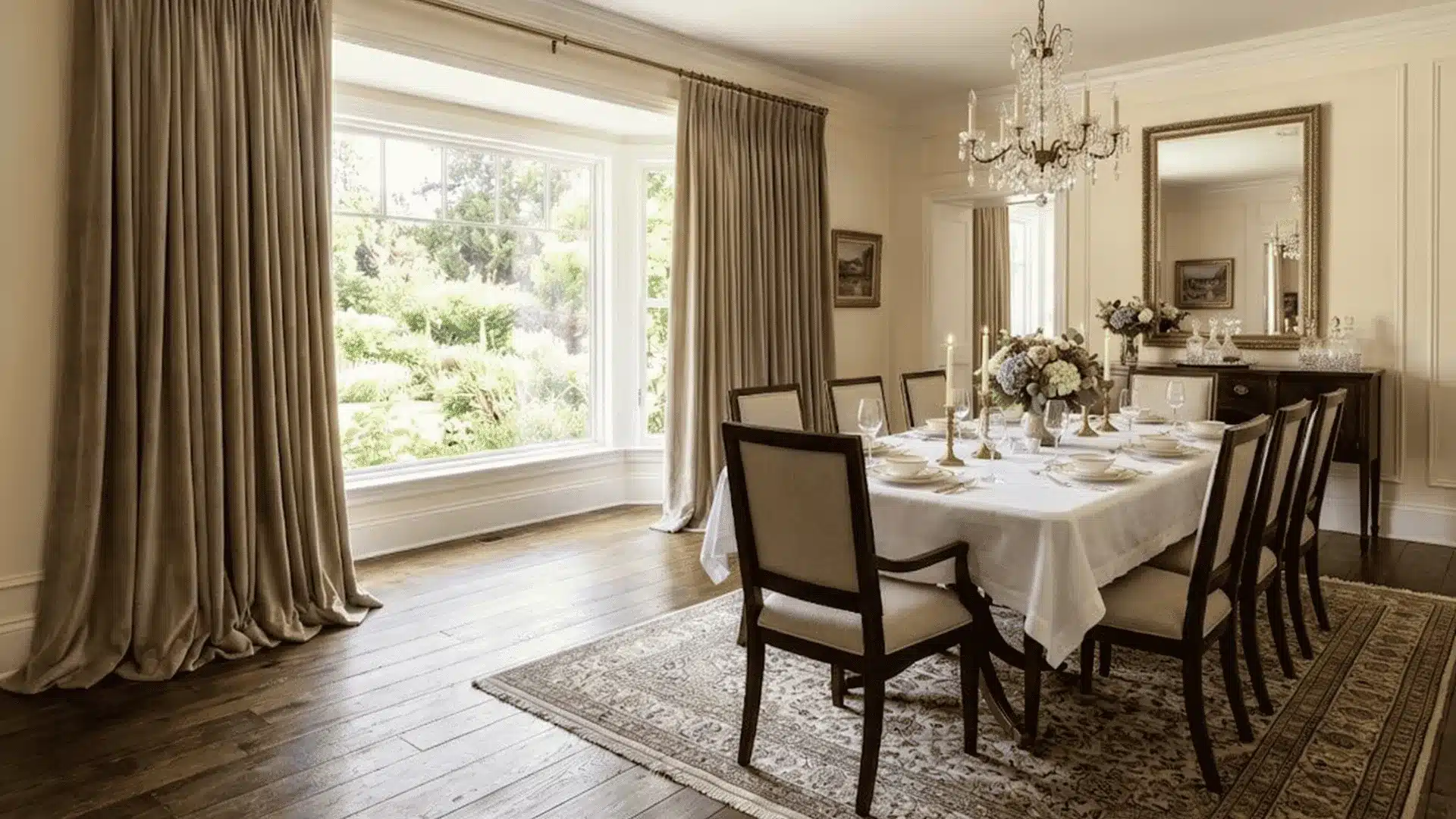 Formal dining room with floor-length curtains, elegant table setting, chandelier, and large bay window