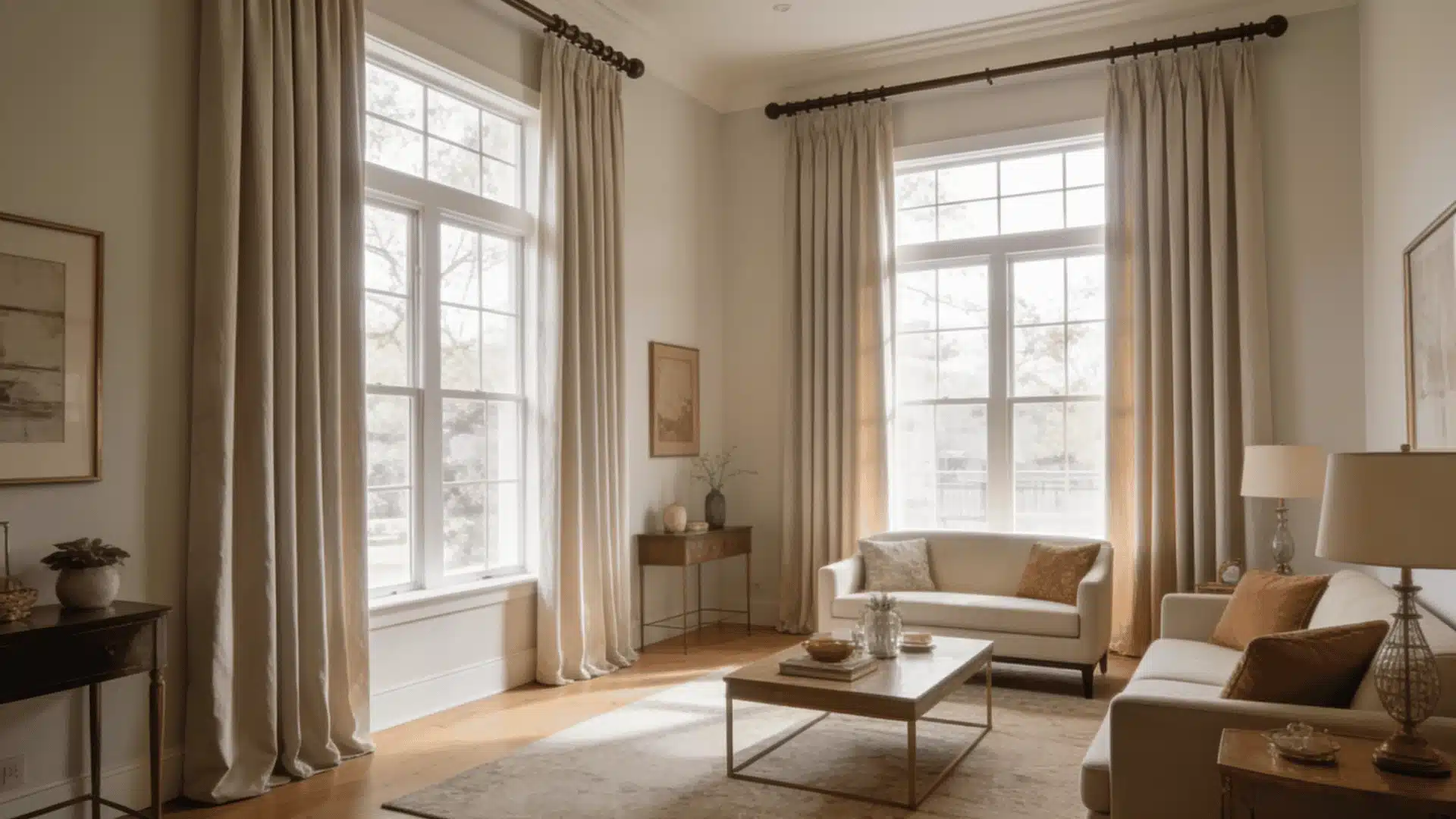 Living room with full-length curtains hung high above tall windows for a spacious look