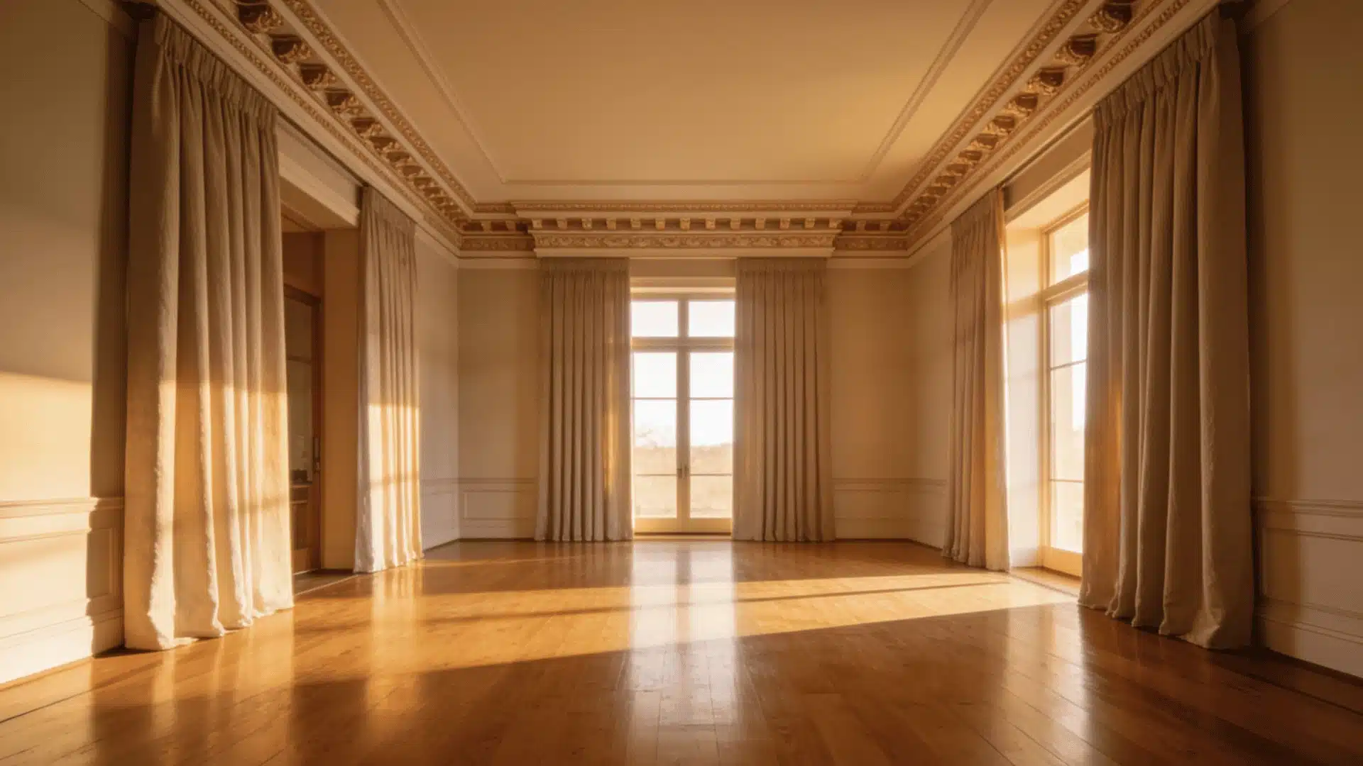 Floor-to-ceiling curtains in a grand room with tall windows, elegant drapes, and hardwood floors