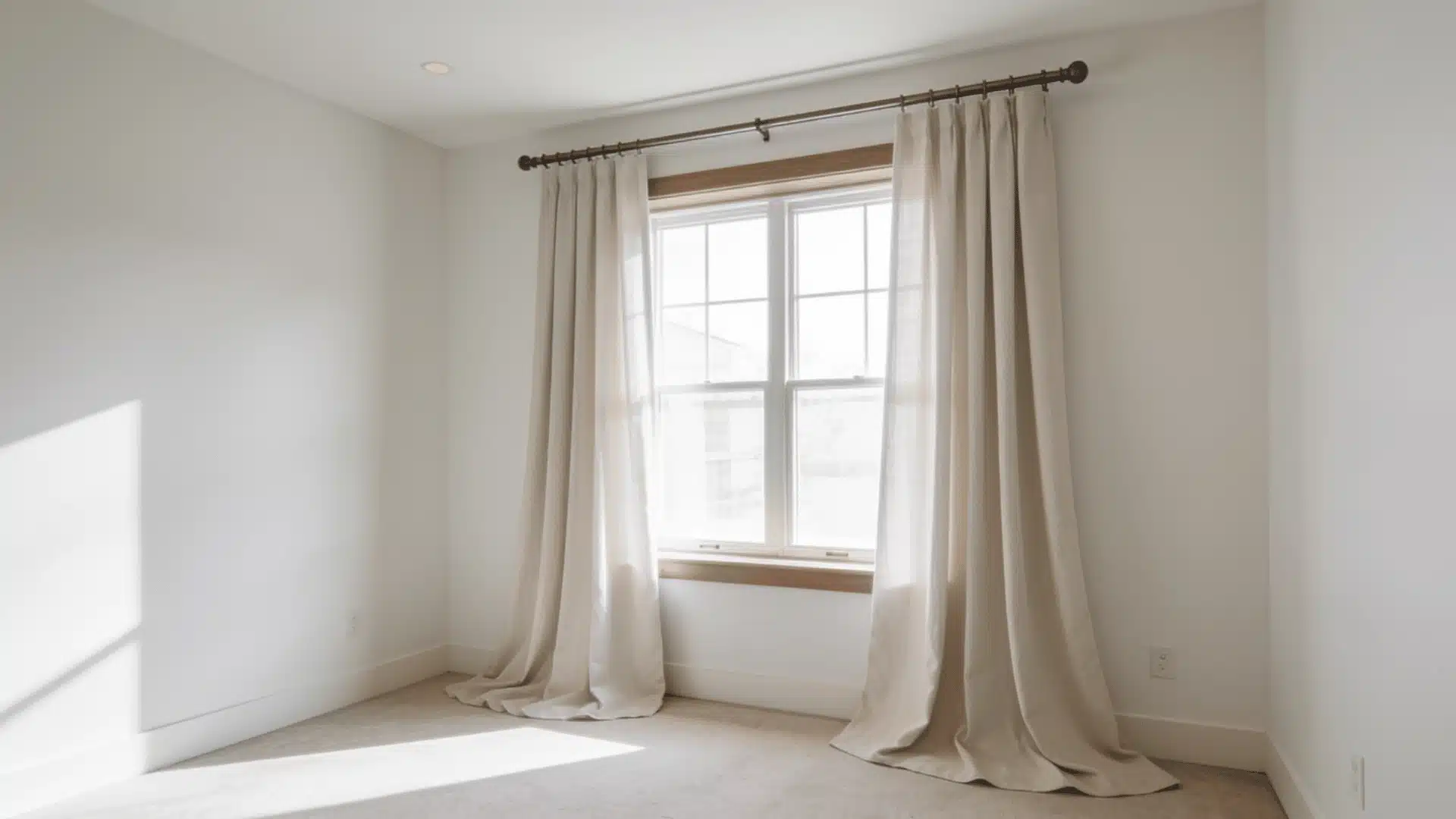 Light curtains mounted above a window with fabric pooling slightly on the floor below