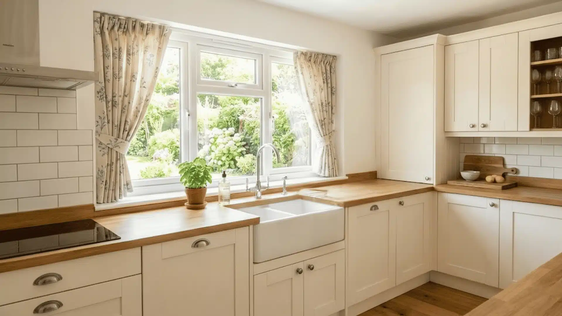 Bright kitchen featuring practical sill-length curtains above a sink and garden-view window