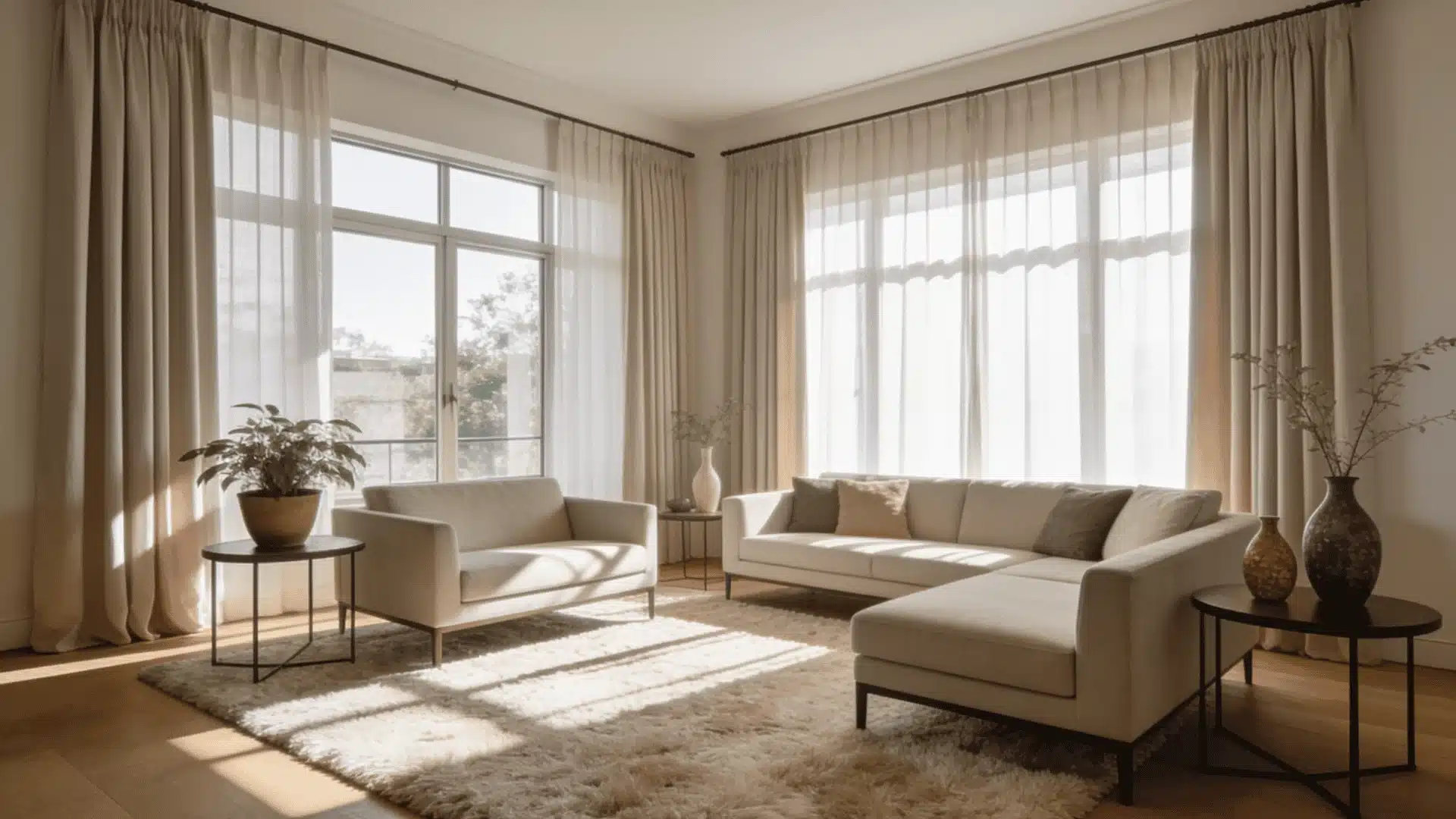 Living room with ceiling-height curtains, sheer layers, and sunlight filling a spacious seating area
