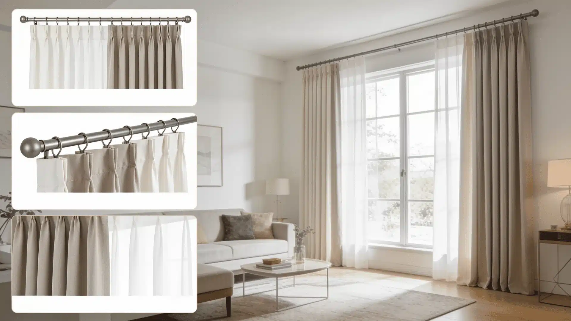 Floor-length pinch pleat curtains with sheer panels in a bright living room and close-up header details