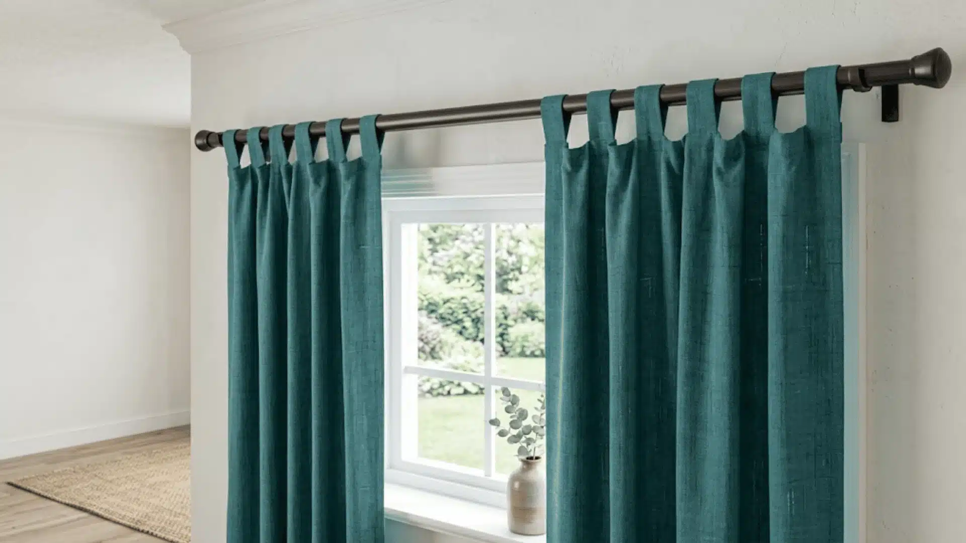 Teal tab-top curtains on a wide rod above a bright window in a simple room
