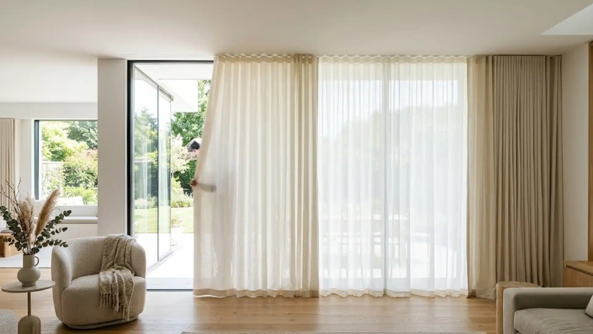 Ceiling-mounted track system with floor-to-ceiling curtains covering a large modern glass window