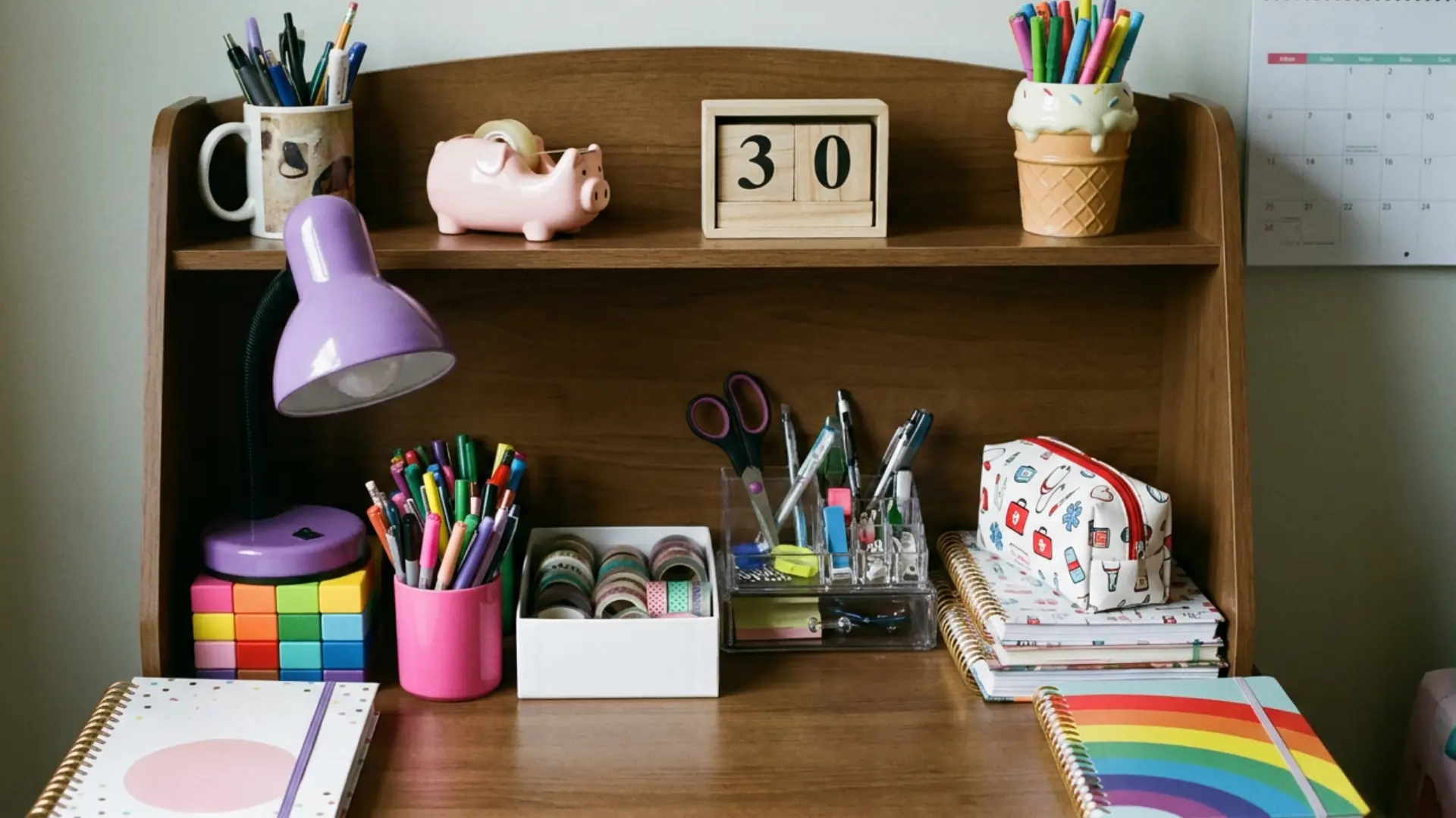 colorful kids desk setup with pen holders washi tape lamp notebooks and stationery organizers