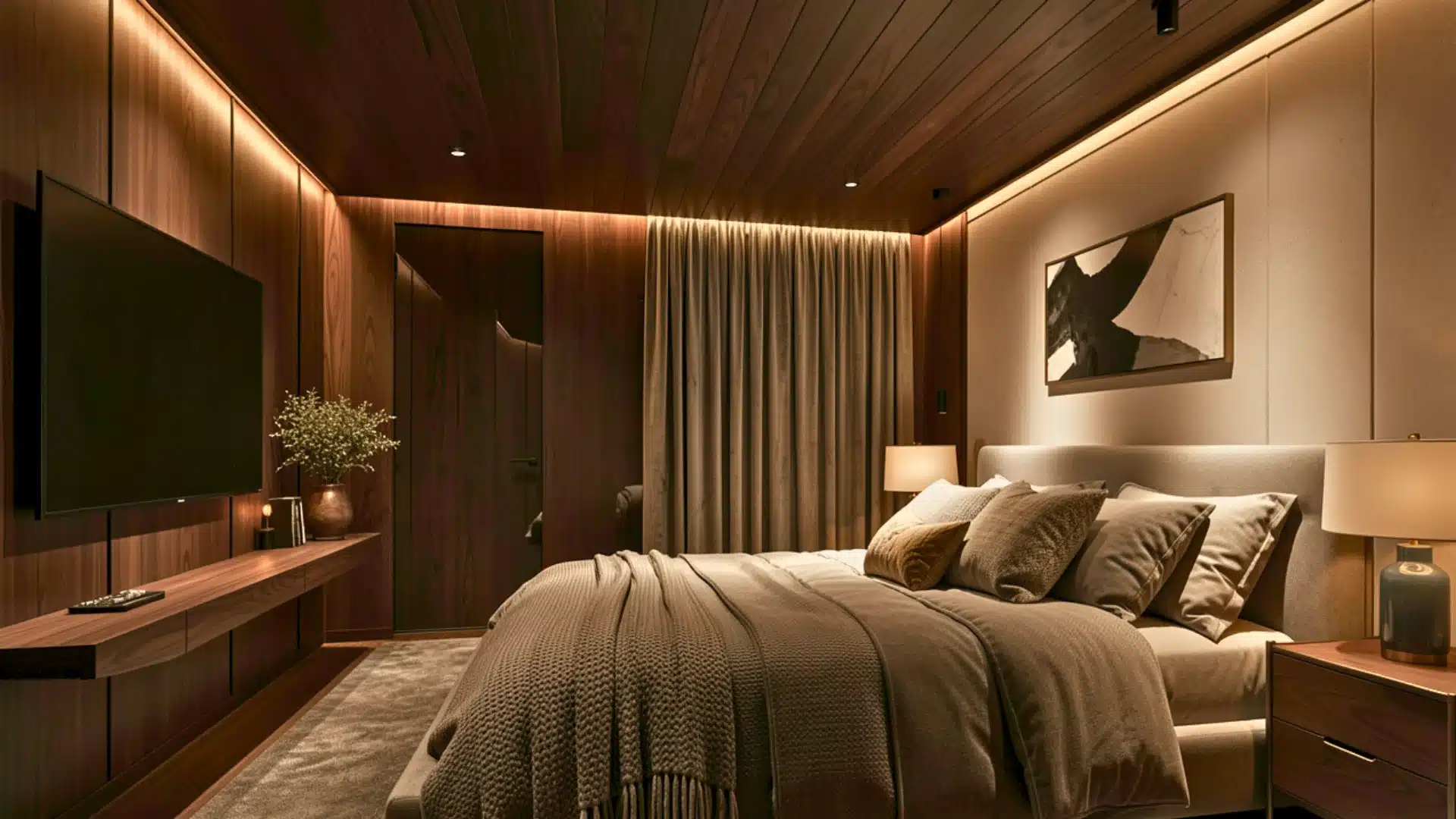 A well-furnished bedroom showcasing a bed, a TV, and stylish wooden paneling for a warm ambiance.