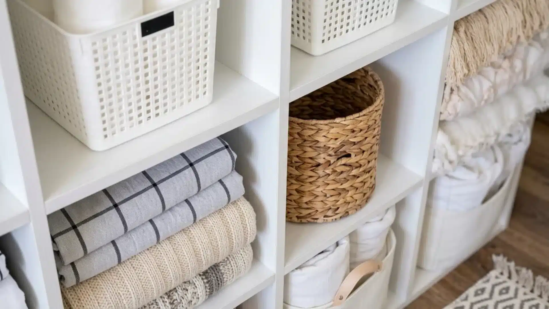 Organized home storage shelves with labeled baskets, folded blankets, and woven bins creating a clean, clutter-free living space.