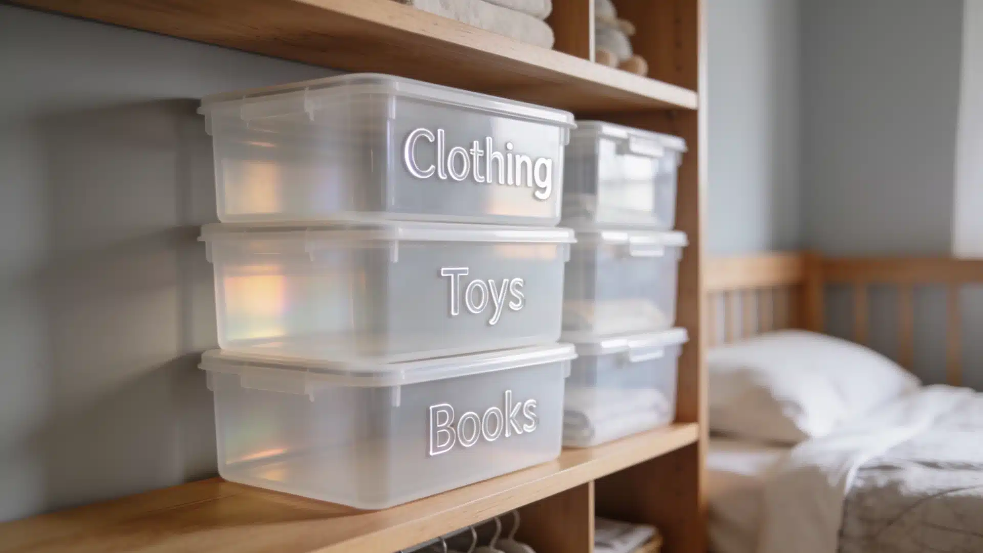 Labeled plastic storage bins for clothing, toys, and books neatly arranged on bedroom shelves