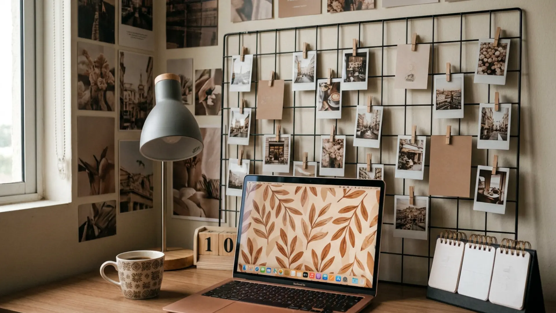 home desk with laptop wire photo grid board polaroid prints desk lamp and coffee mug