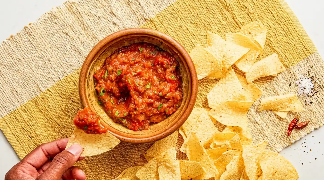 Roasted tomato salsa served in a rustic clay bowl with crispy tortilla chips showing a flavorful appetizer perfect for dipping snacking or party spreads