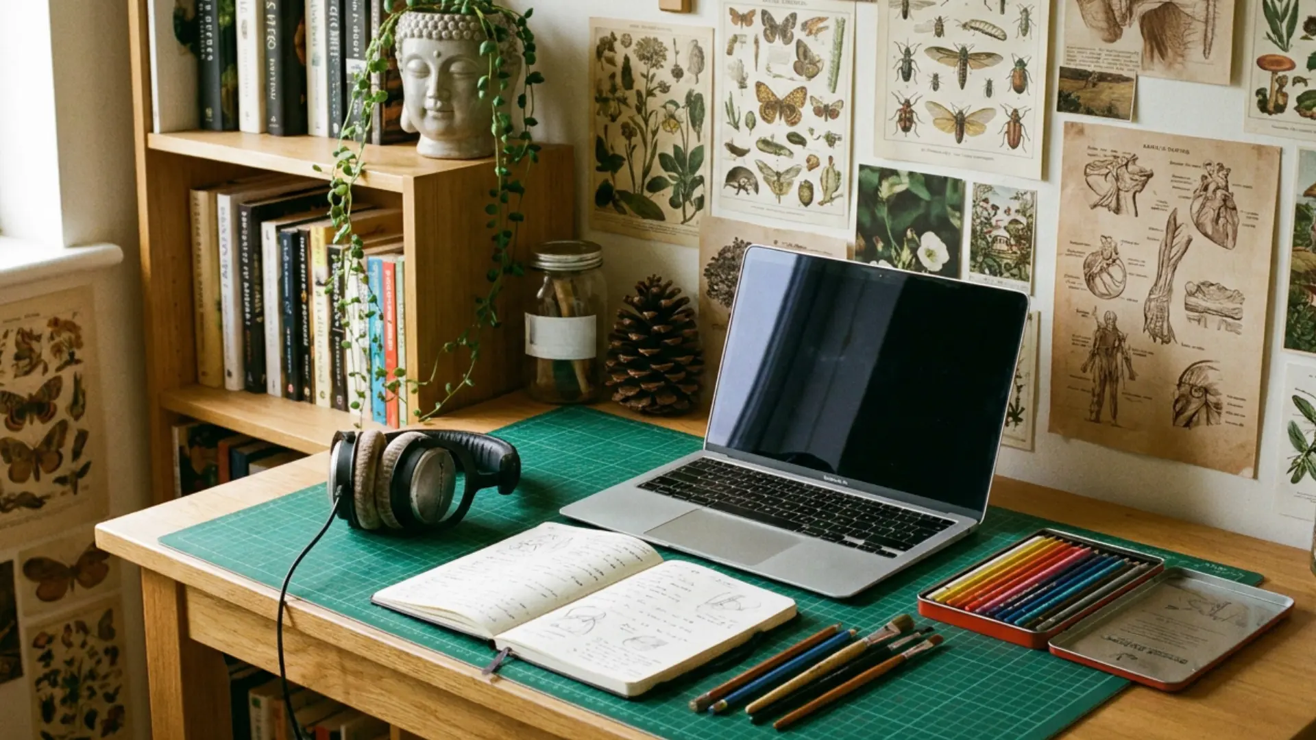 wooden home desk with laptop notebook colored pencils headphones and botanical prints on the wall