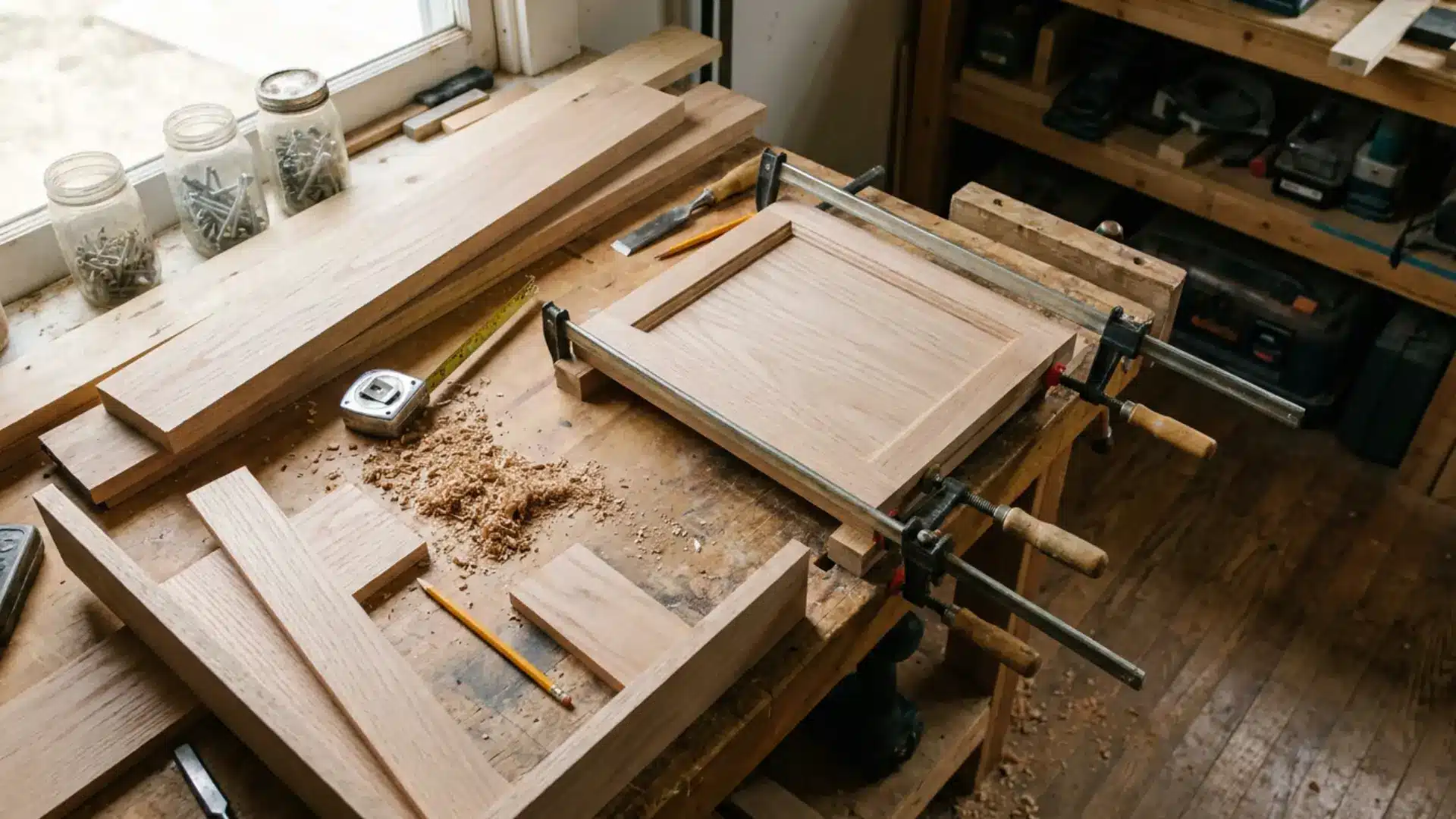 DIY cabinet door clamped on a workbench during assembly with wood shavings and measuring tape