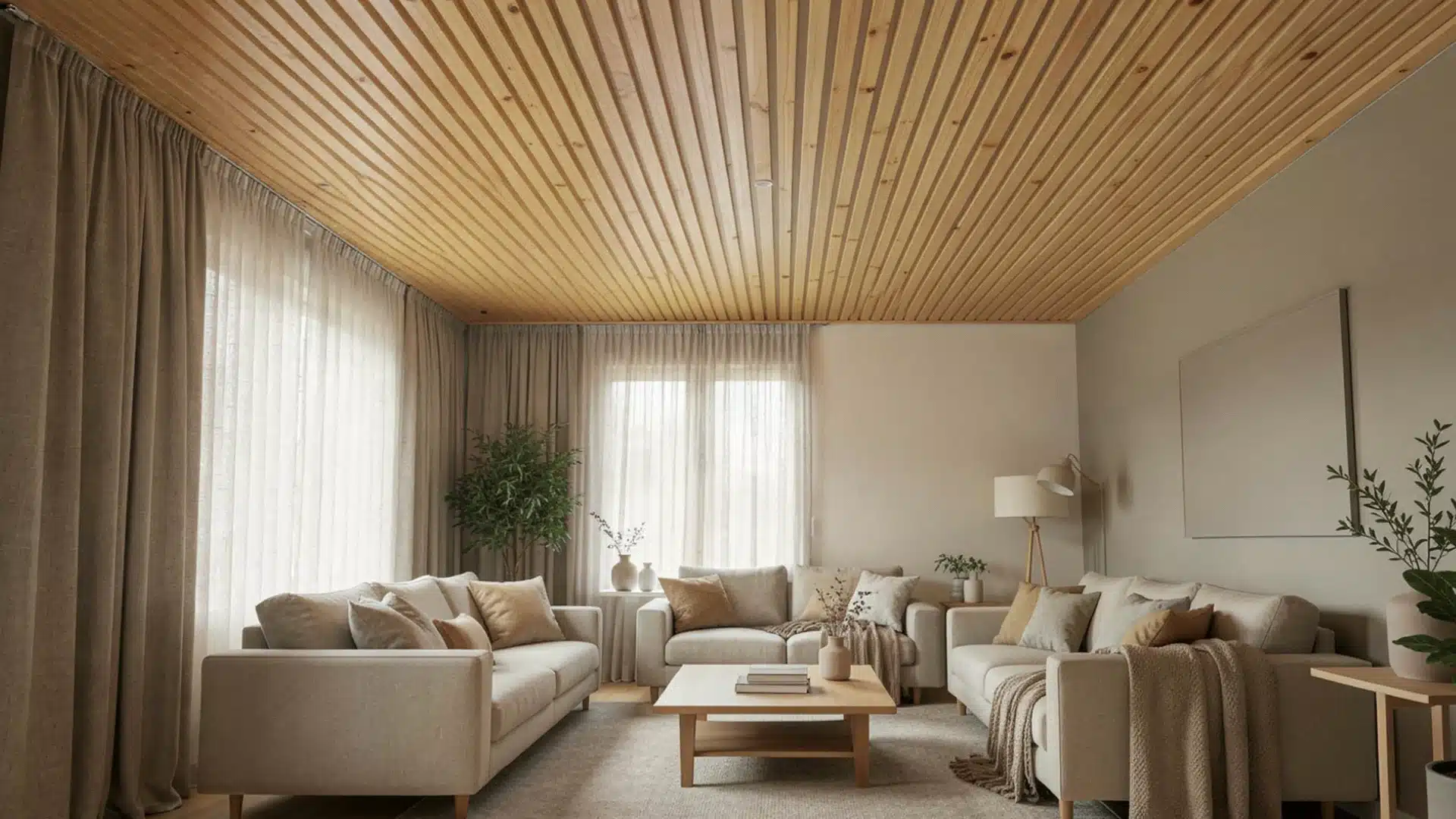 A modern living room focusing on a DIY wooden slatted ceiling, with beige sofas, and large windows draped with curtains