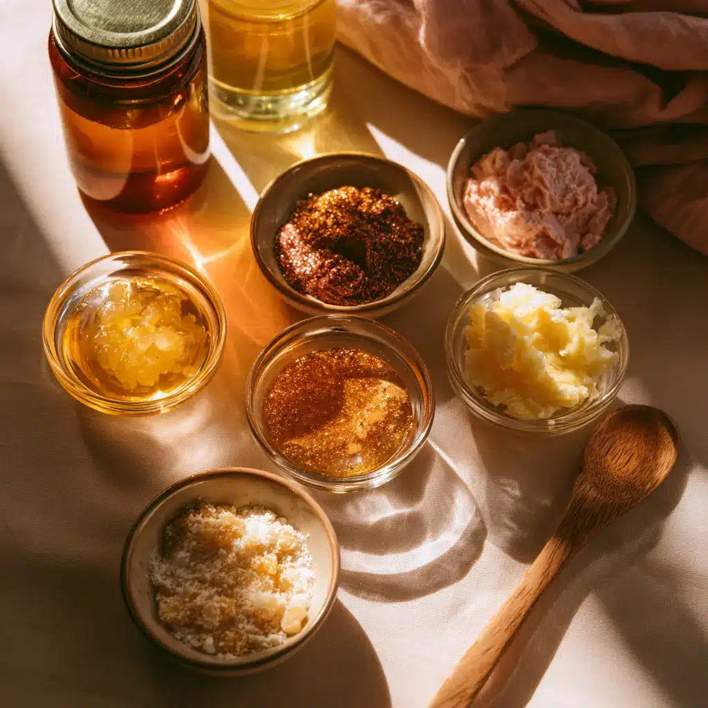 small glass bowls of natural lip gloss ingredients including waxes oils and pigments on a wooden surface