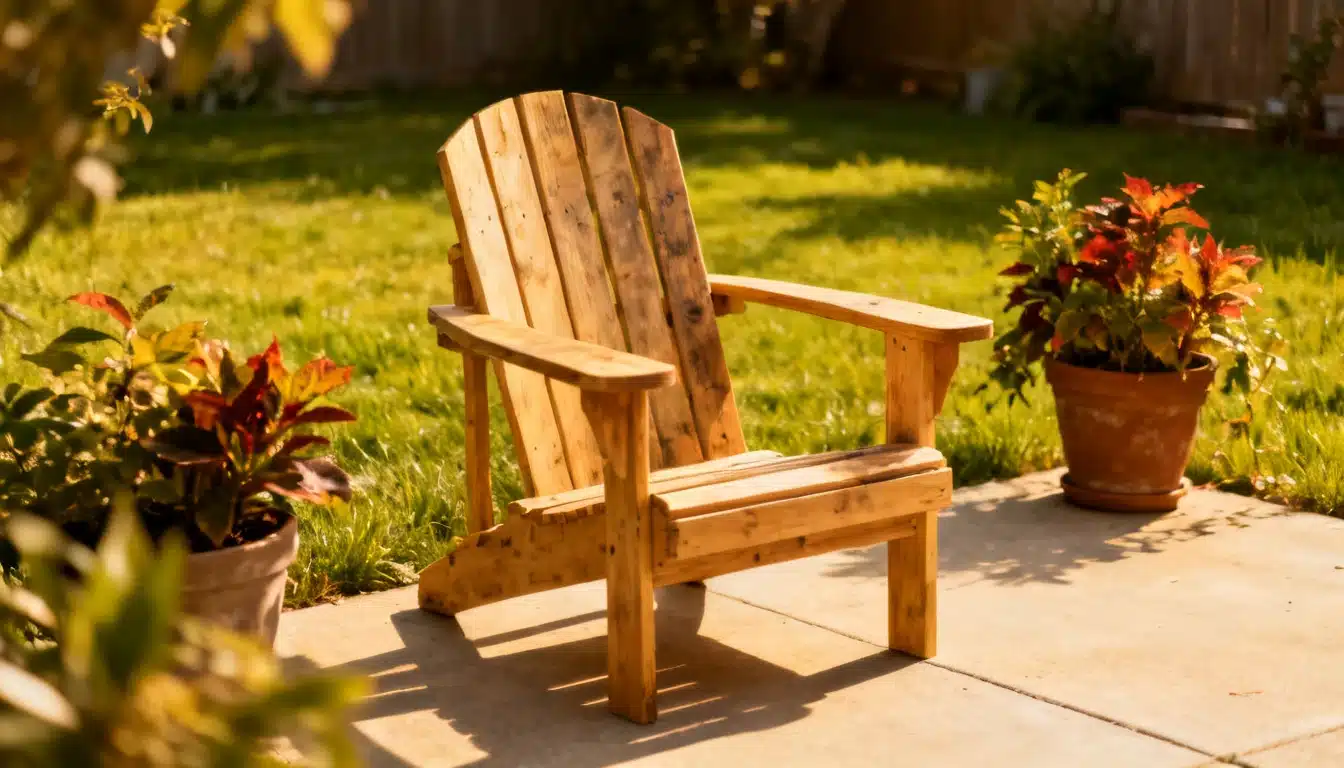 diy patio furniture wooden adirondack chair on a sunny backyard patio surrounded by lush garden plants