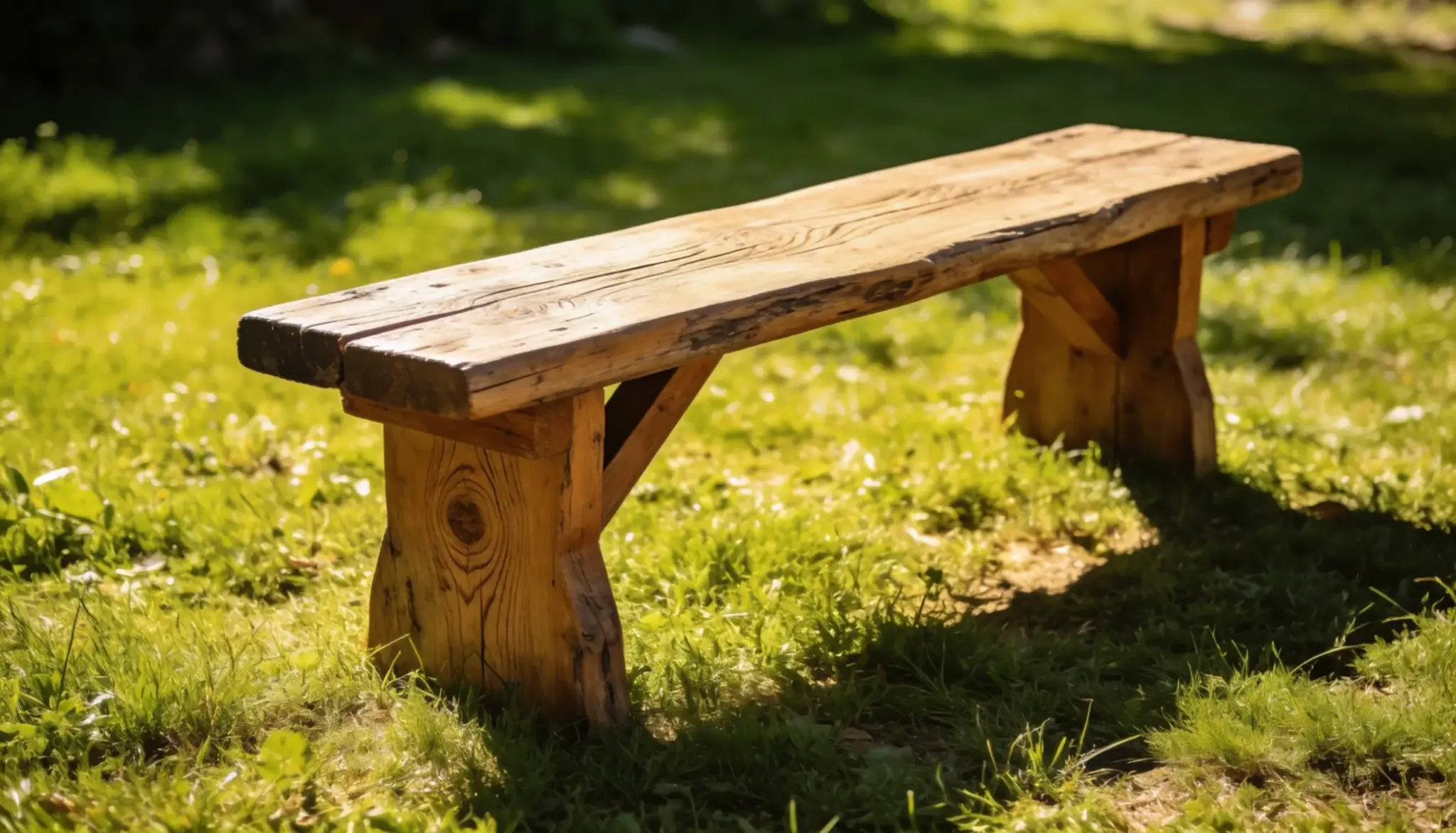 diy patio furniture rustic wooden outdoor bench placed on a sunny lawn with a natural garden backdrop
