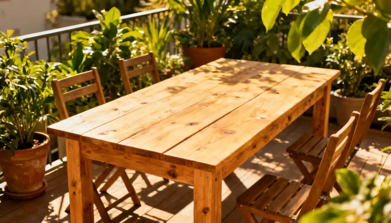 diy patio furniture wooden outdoor dining table on a sunlit deck surrounded by lush potted plants
