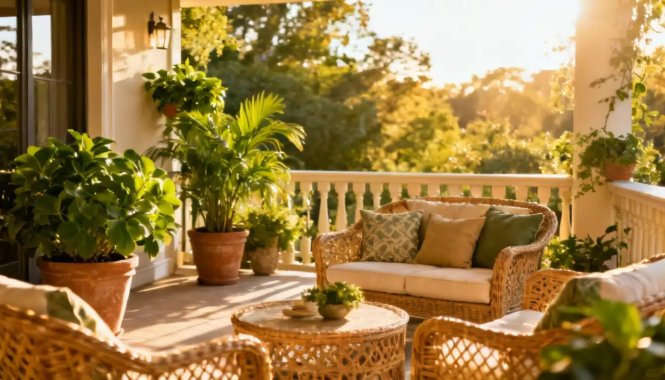diy patio furniture setup with cozy outdoor seating and lush plants on a bright sunlit covered porch