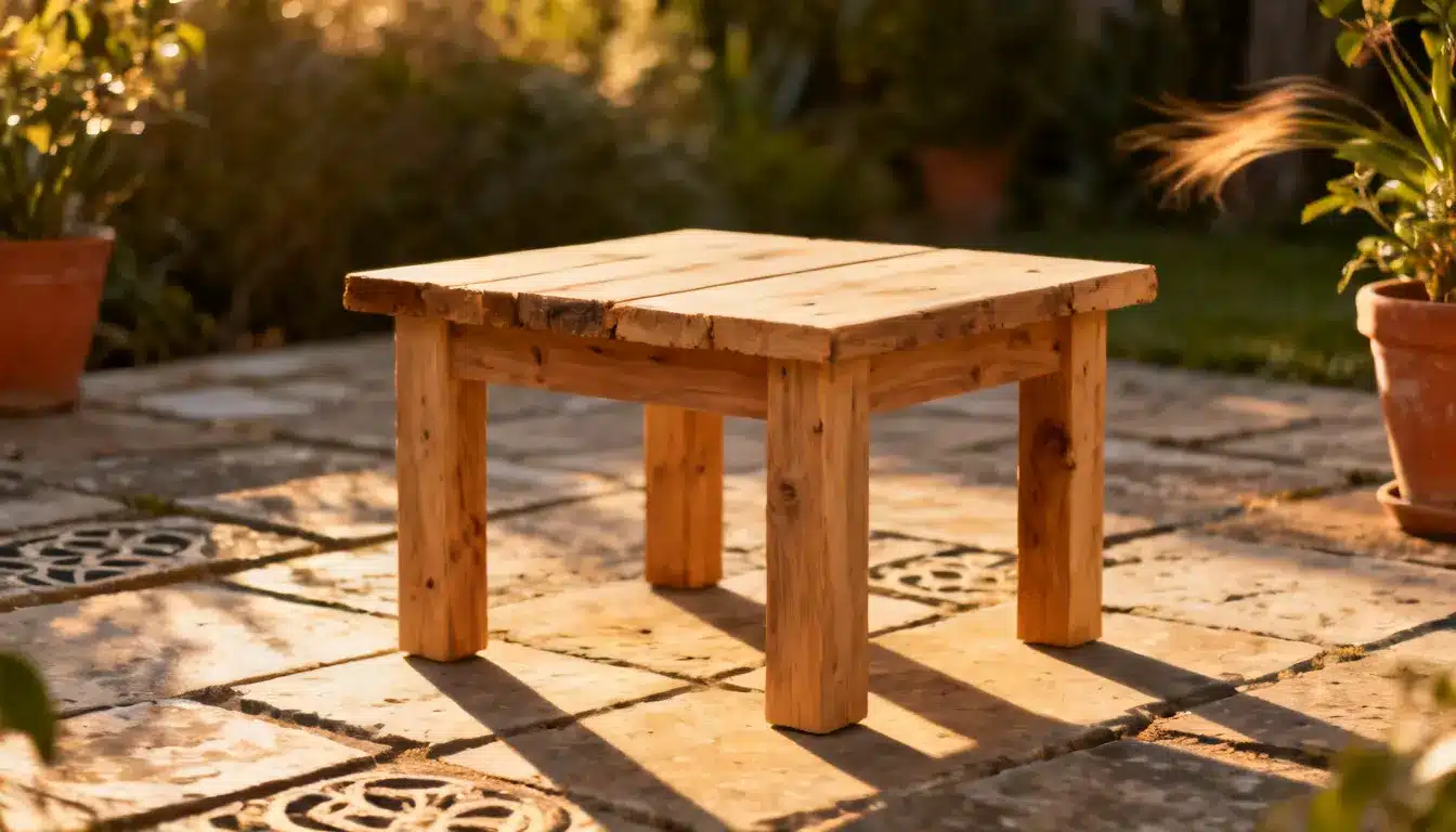 diy patio furniture wooden outdoor side table on a stone patio surrounded by lush garden plants