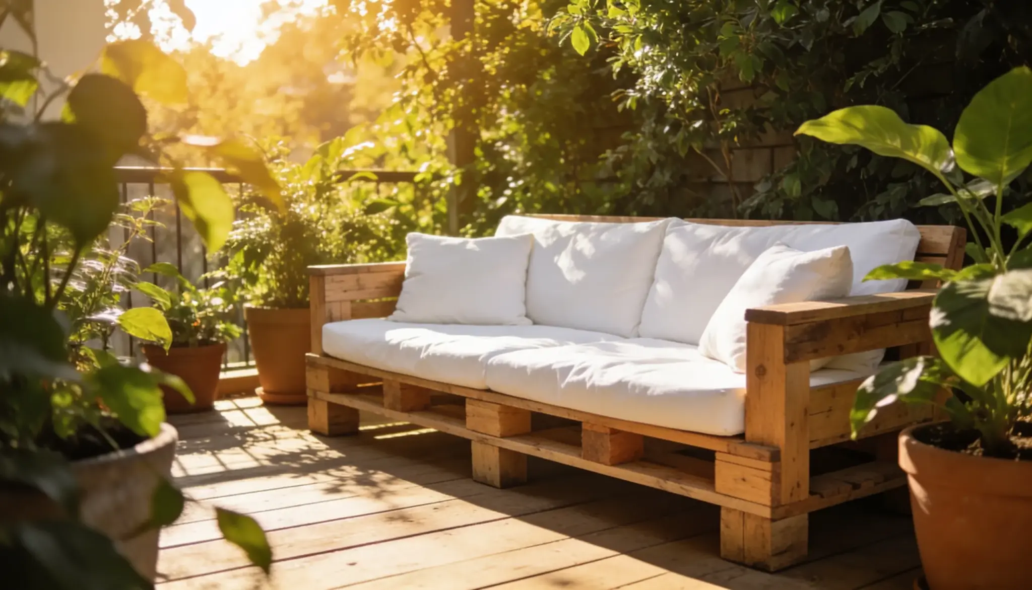 diy patio furniture outdoor sofa with white cushions on a wooden deck surrounded by lush garden plants