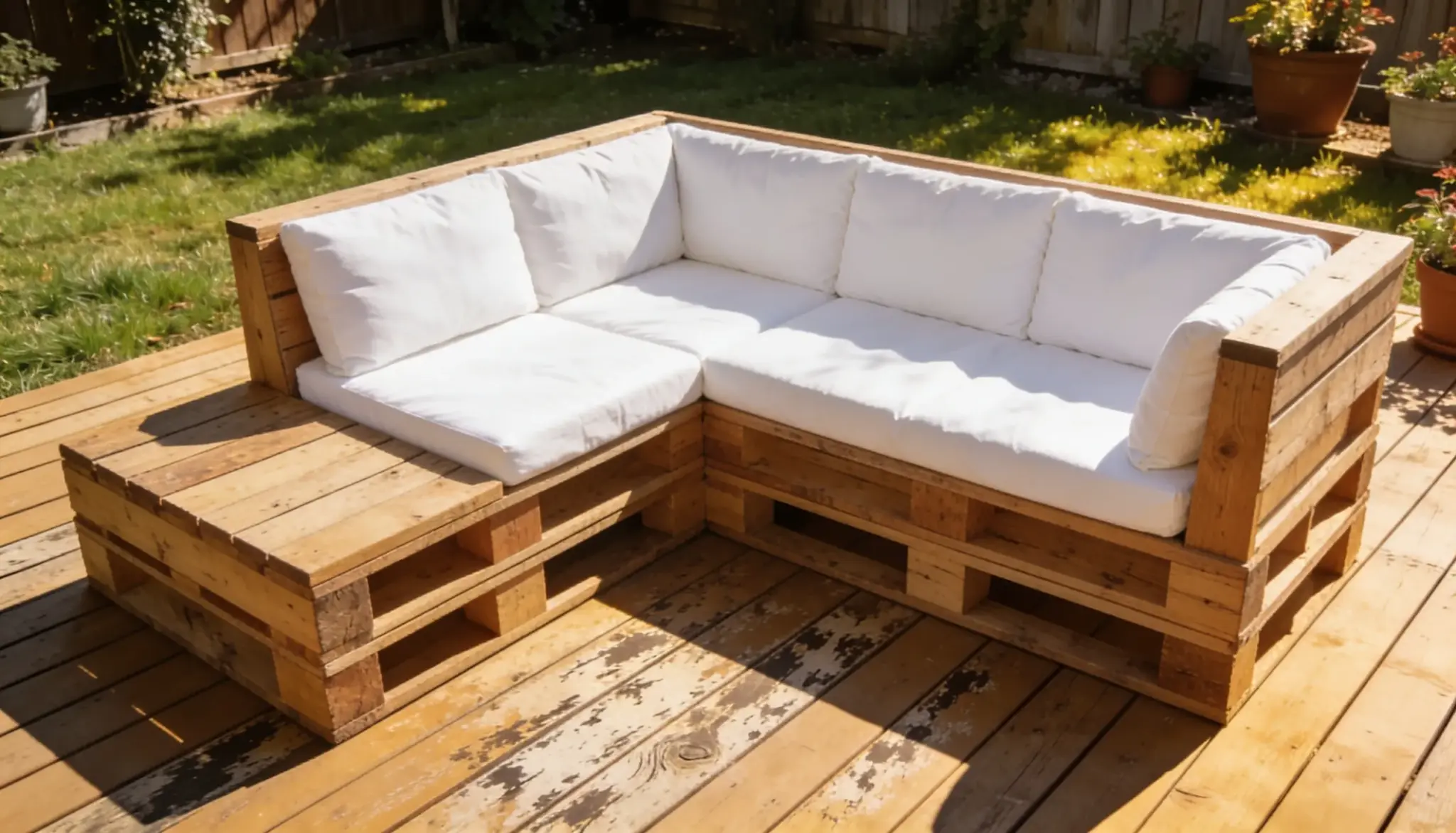 diy patio furniture pallet sectional with white cushions creating a cozy outdoor seating area on a deck