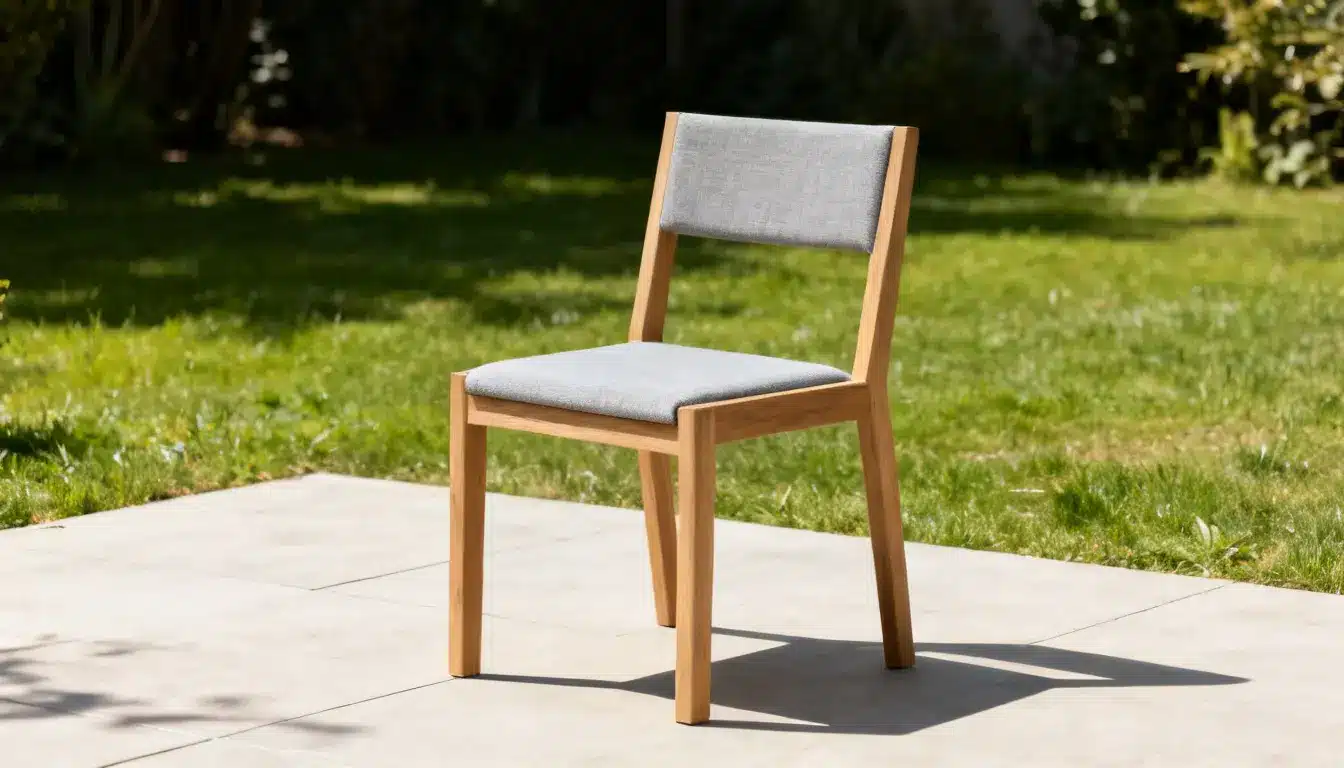 diy patio furniture wooden patio chair with a cushioned seat placed on a bright backyard patio lawn