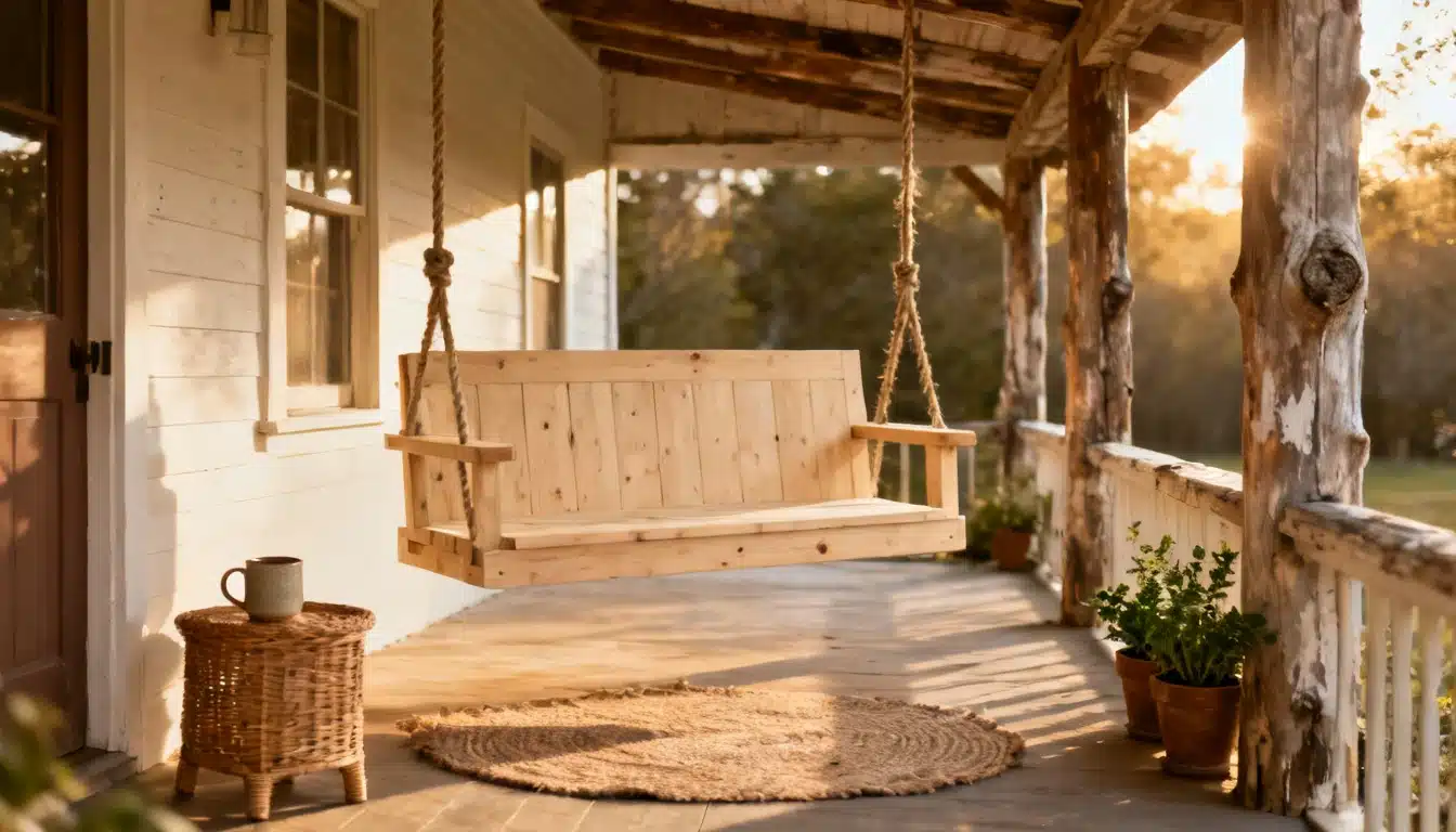 diy patio furniture wooden porch swing hanging on a cozy front porch with warm evening sunlight