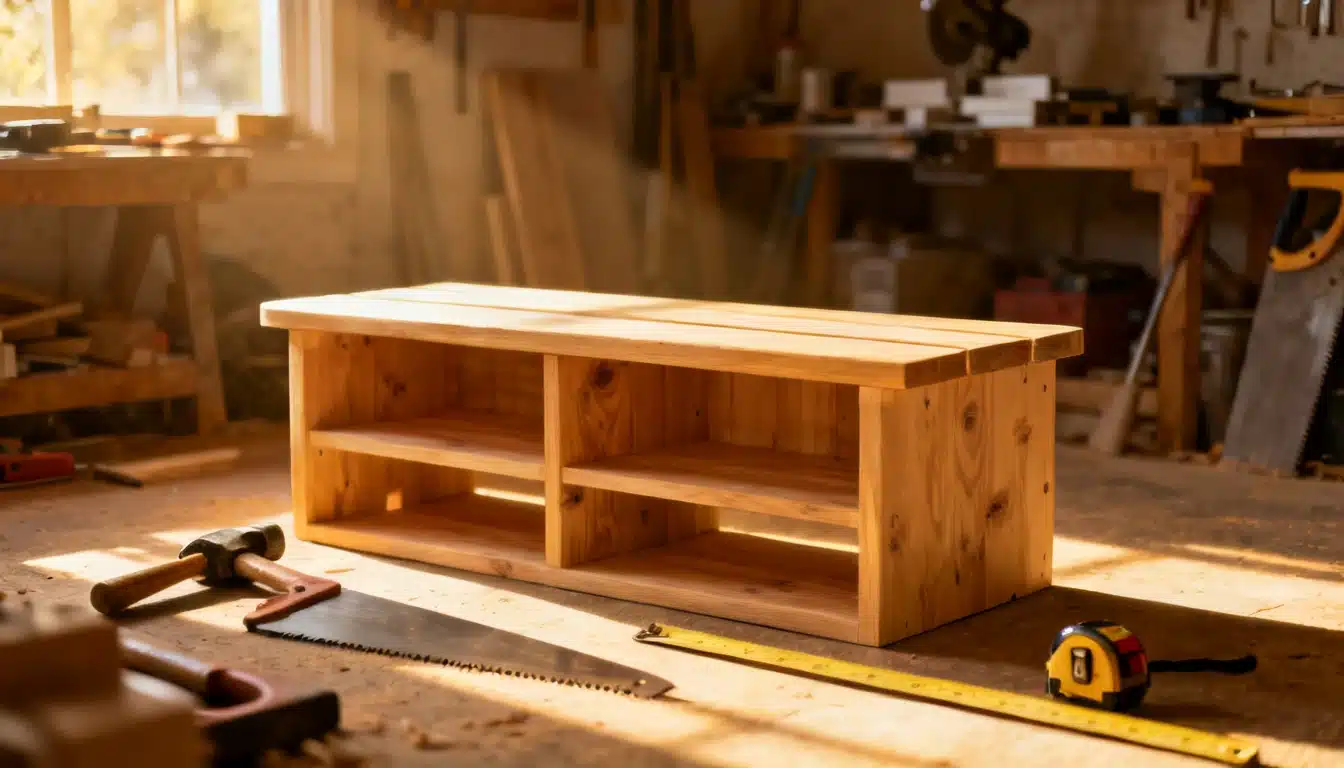 diy patio furniture wooden storage bench with open shelves built in a workshop ready for outdoor use