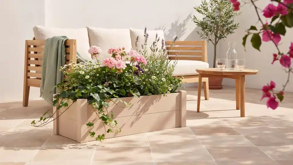 Light beige planter box filled with pink and white flowers, styled to match wooden outdoor furniture on a bright, modern patio.