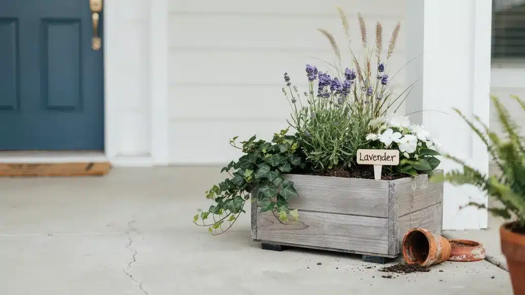 Rustic gray wooden planter box filled with lavender, white flowers, and trailing ivy on a front porch near a blue entry door.