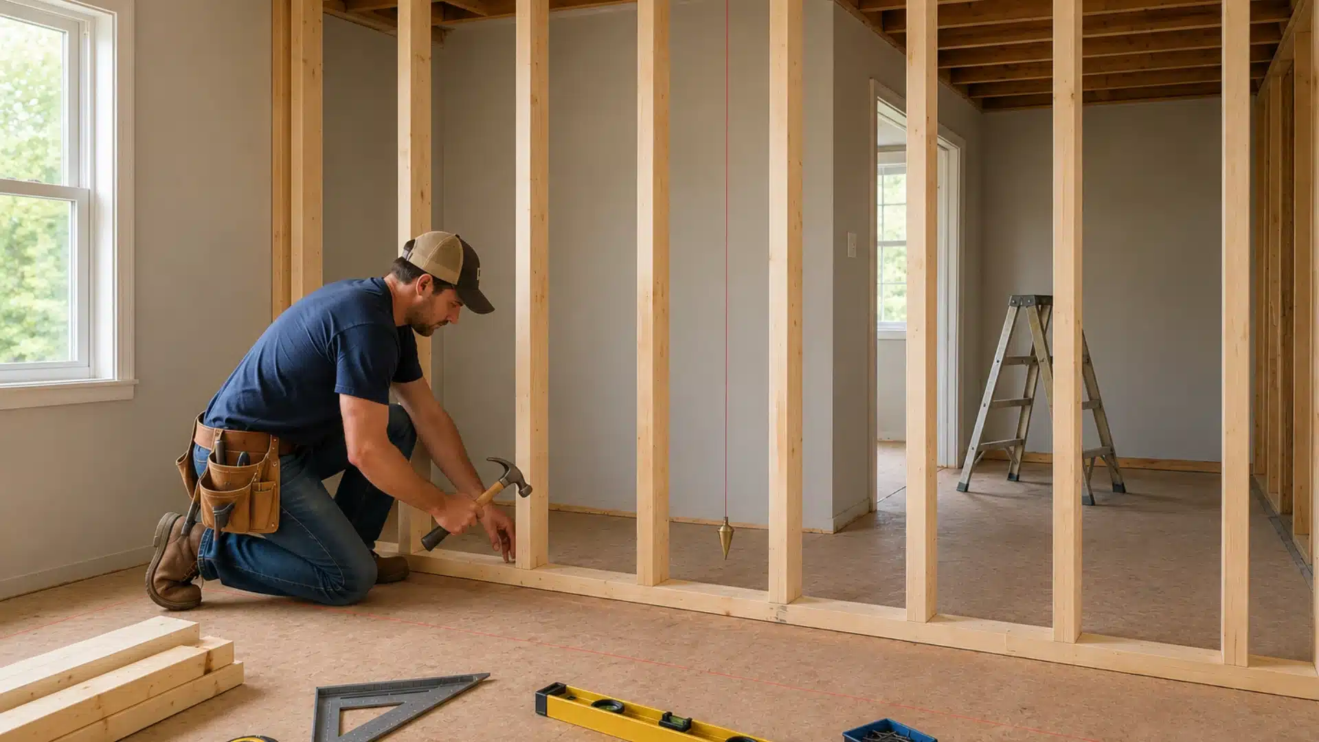 A man kneeling and hammering a wooden stud during new interior wall framing work with tools on the floor