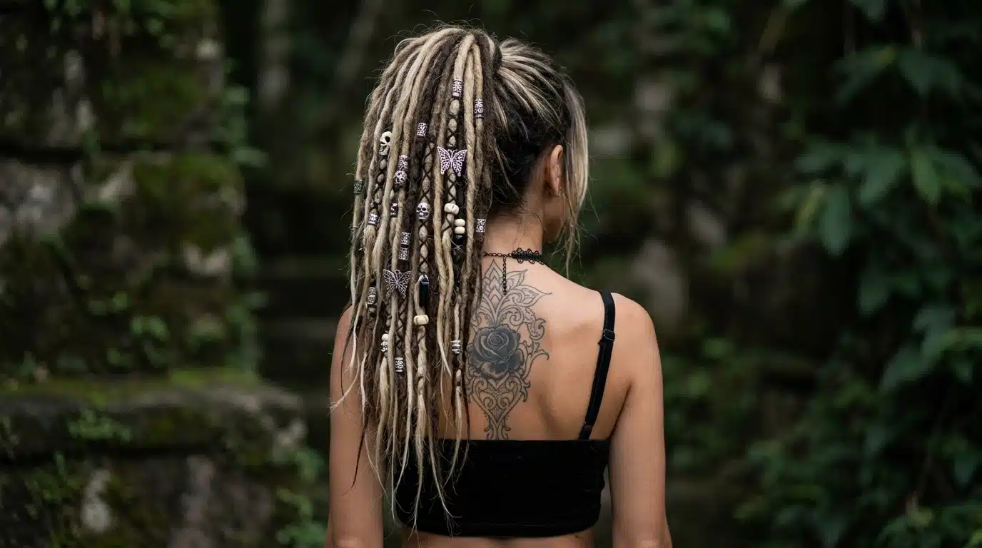  A woman with dreadlocks and visible tattoos on her back, showcasing her unique style and body art.