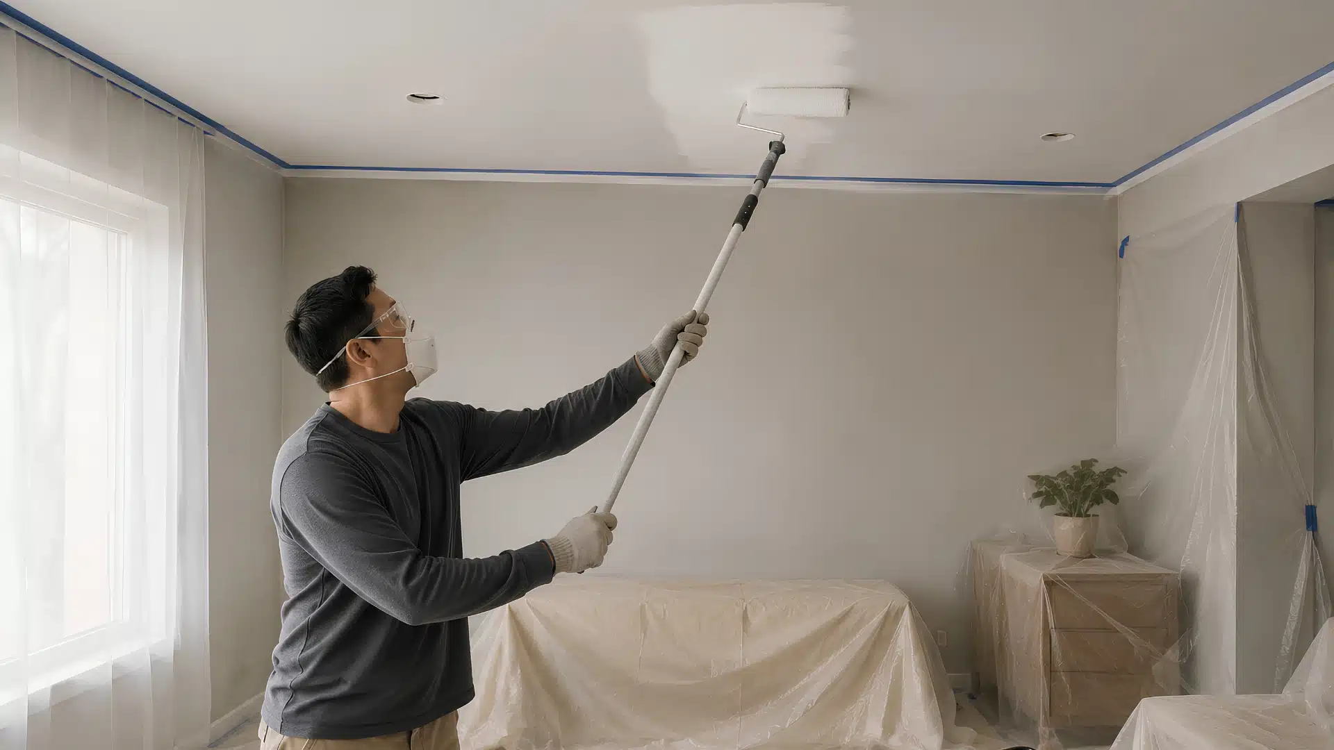 Man wearing a mask and gloves paints the ceiling with a roller while furniture is covered in plastic