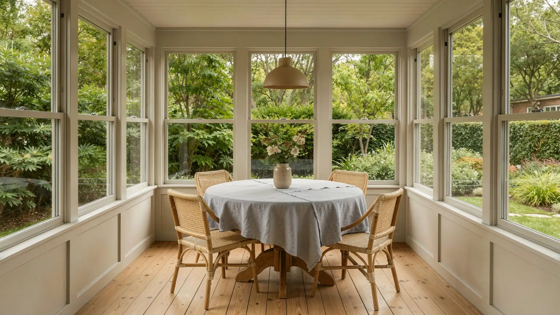 Enclosed porch with a round table, four wicker chairs, and a vase of flowers overlooking a lush garden