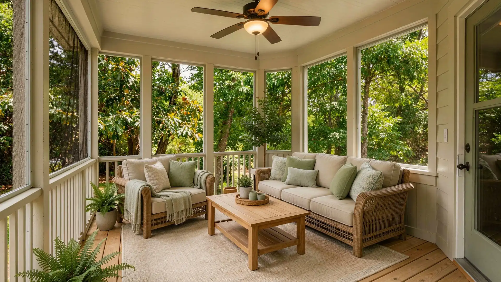 An enclosed porch features a sofa and armchair with green accent pillows, a wooden coffee table, and a ceiling fan