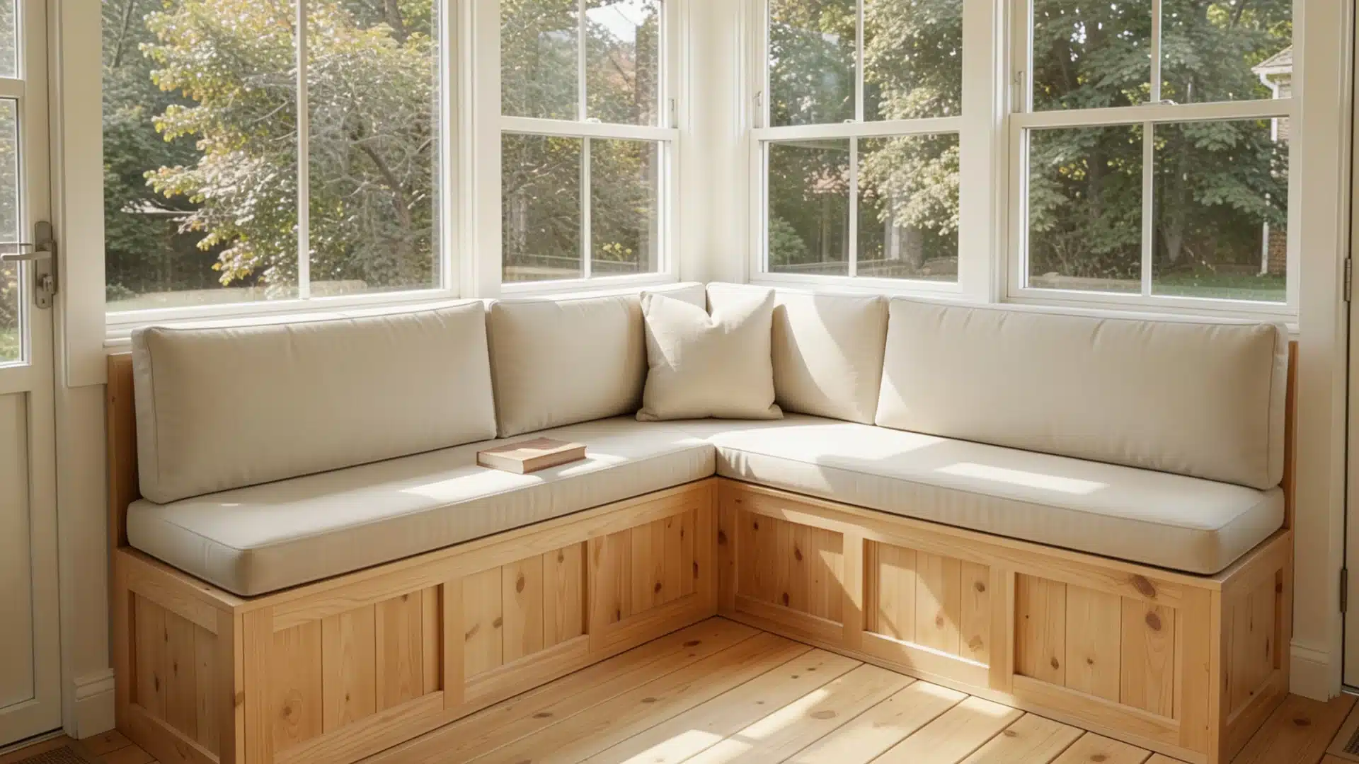 An enclosed porch featuring corner banquette seating with light beige cushions in a sunlit room