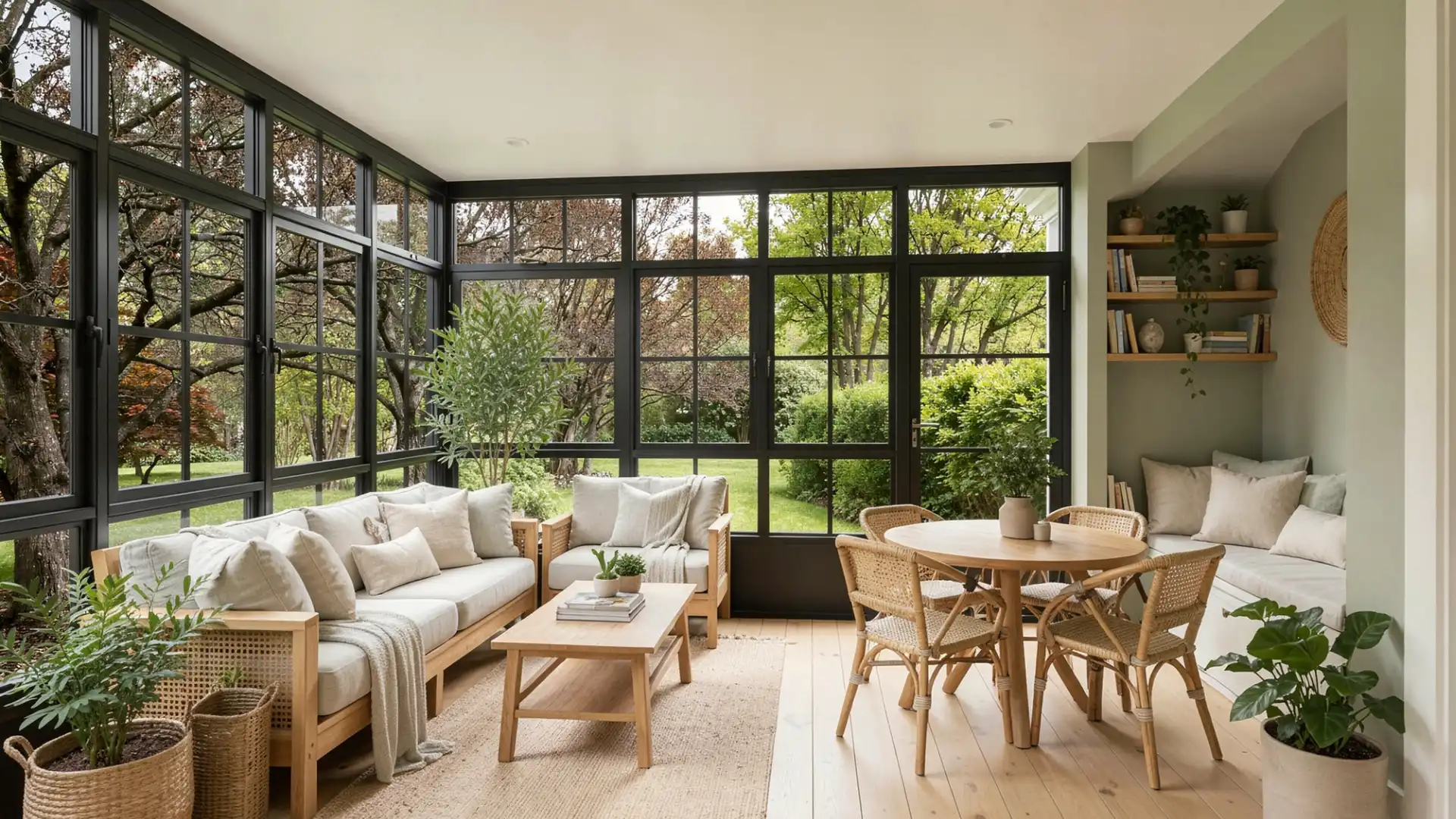 An enclosed porch with a modern seating area and dining nook, featuring large windows overlooking a garden