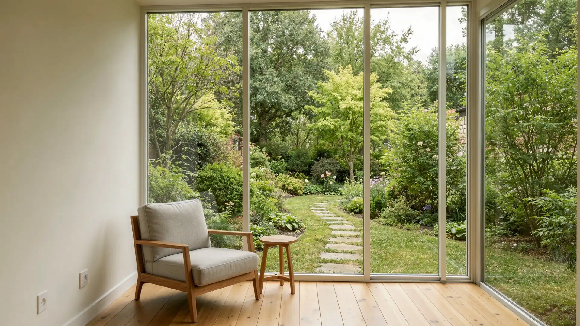 An enclosed porch with armchair and side table overlooking a lush, sunlit garden with a stone pathway