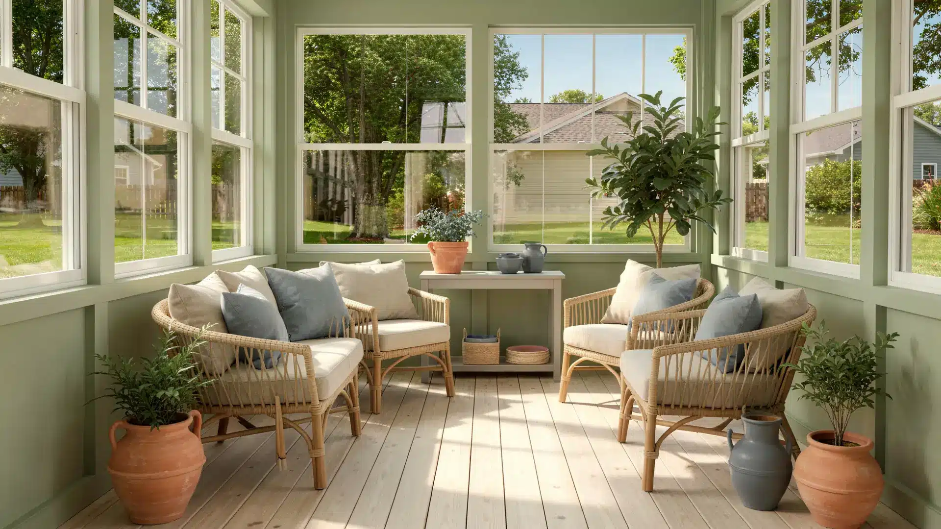 An enclosed porch with light wood floors features four wicker chairs with cushions and pillows