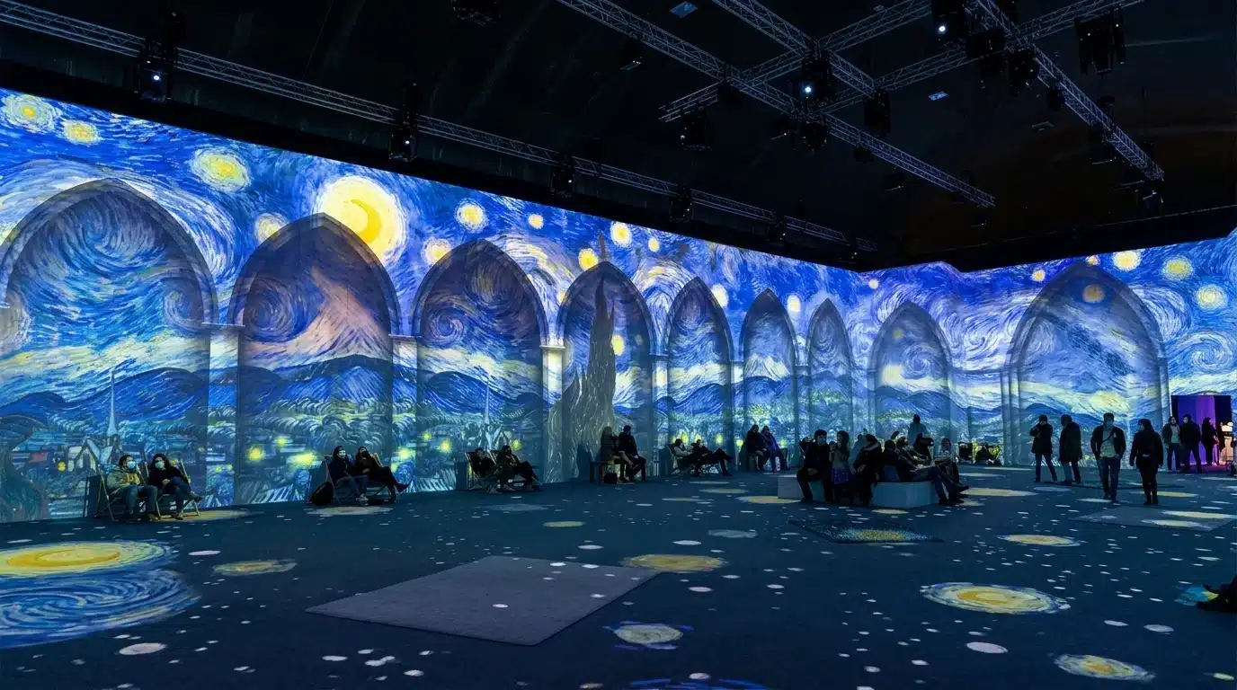 The iconic Starry Night by Van Gogh, depicting a swirling night sky, on display at the Van Gogh Museum.