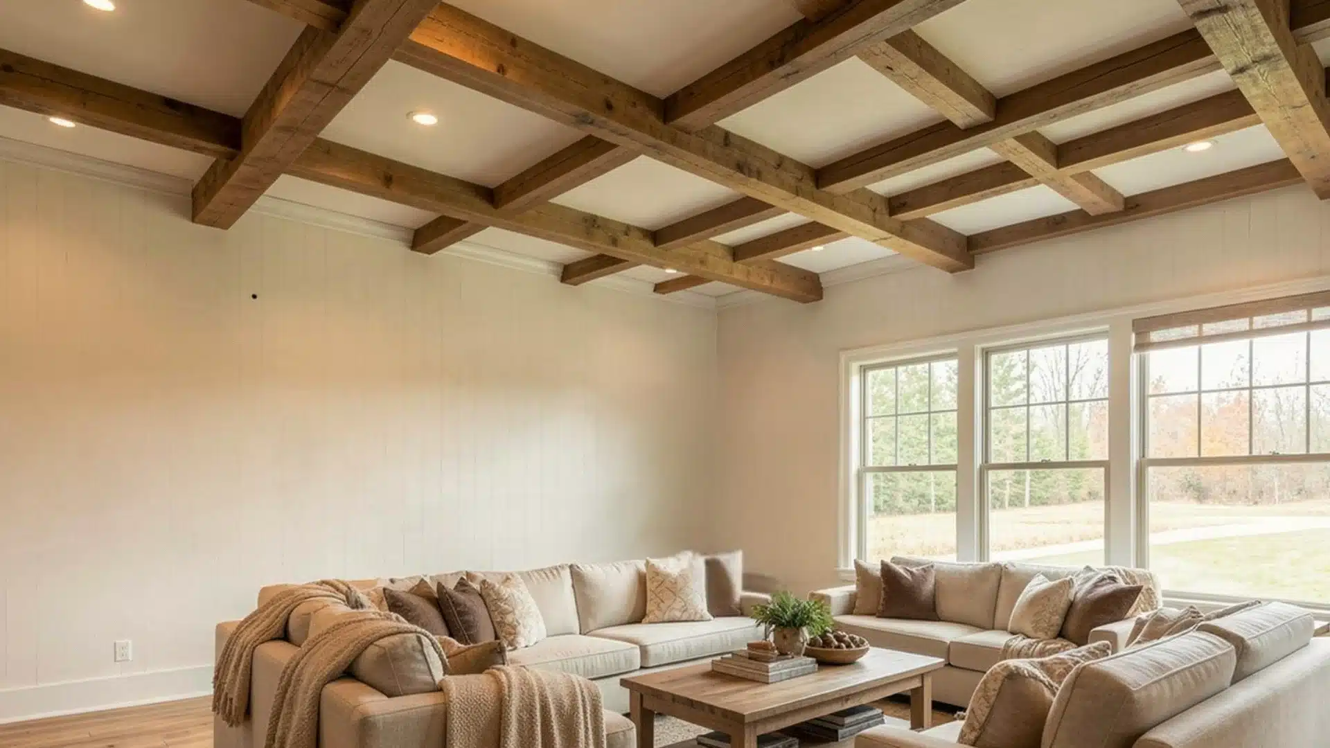 A stylish living room with a comfortable couch, a coffee table, with exposed wood ceiling, ideal for relaxation and gatherings.