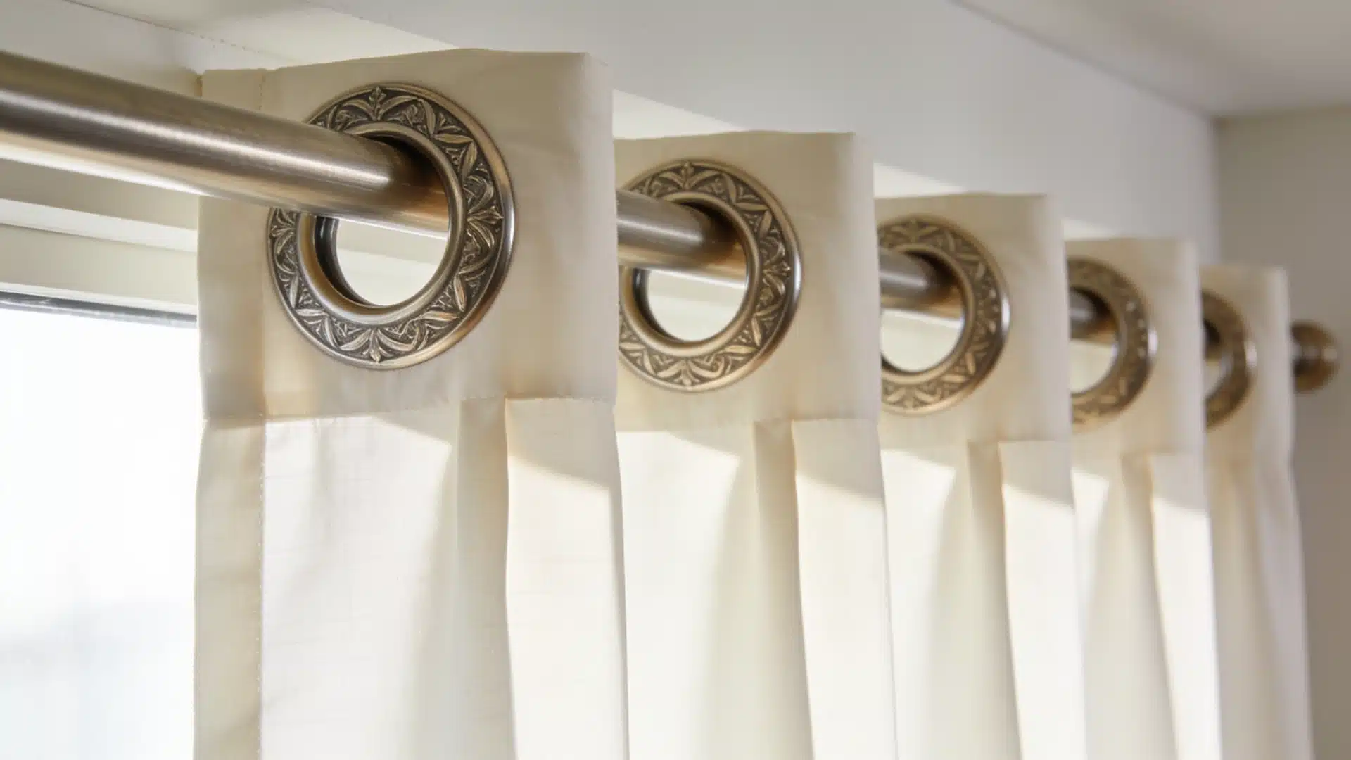 Close-up of decorative eyelet curtains threaded directly onto a metal curtain rod above a window