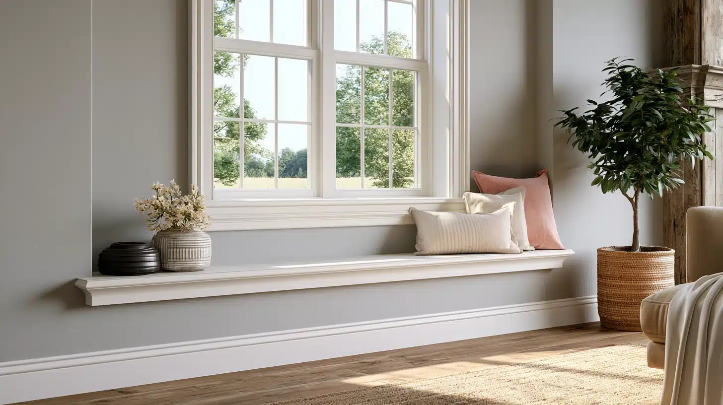 Farmhouse-style window with white trim and a wide flat apron board below the sill, creating a built-in bench look.