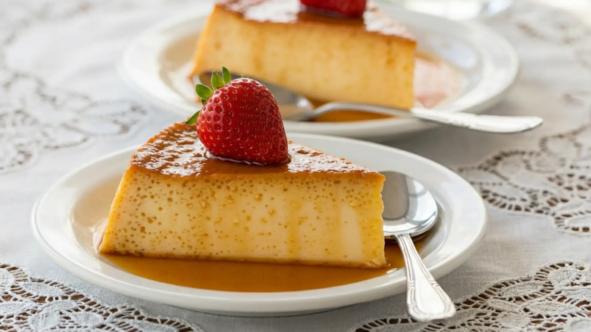 golden caramel flan inverted onto a white plate with caramel sauce and a strawberry